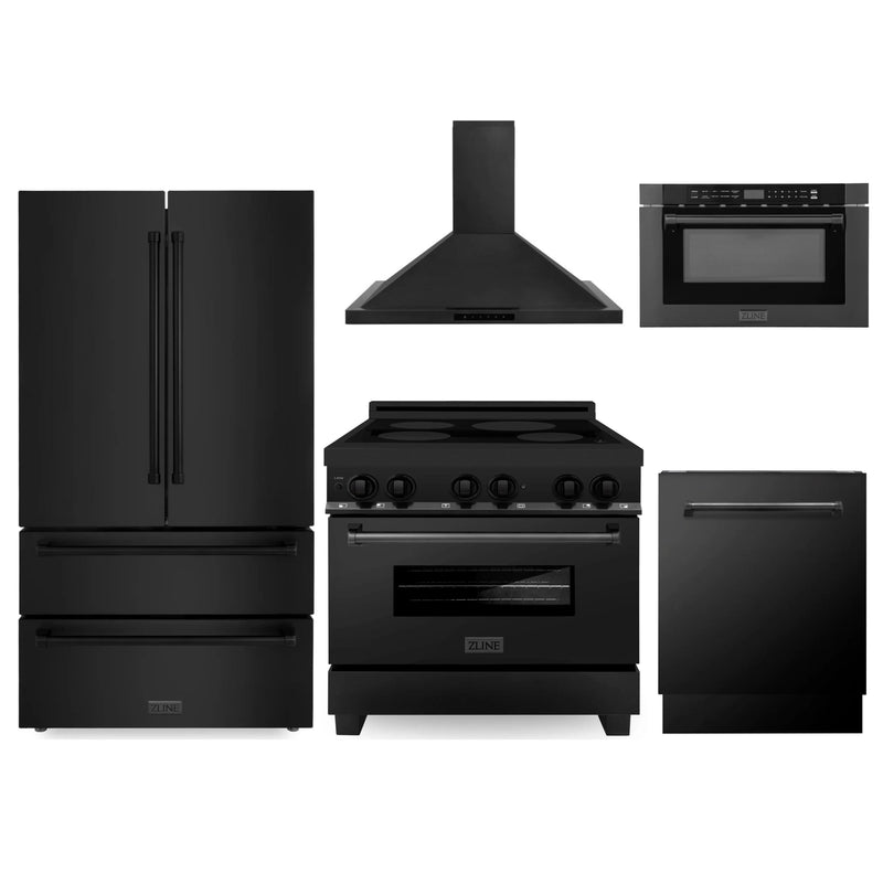 ZLINE 5-Piece Appliance Package - 30-Inch Induction Range, Wall Mount Range Hood, French Door Refrigerator, Dishwasher, and 24-Inch Microwave Drawer in Black Stainless Steel