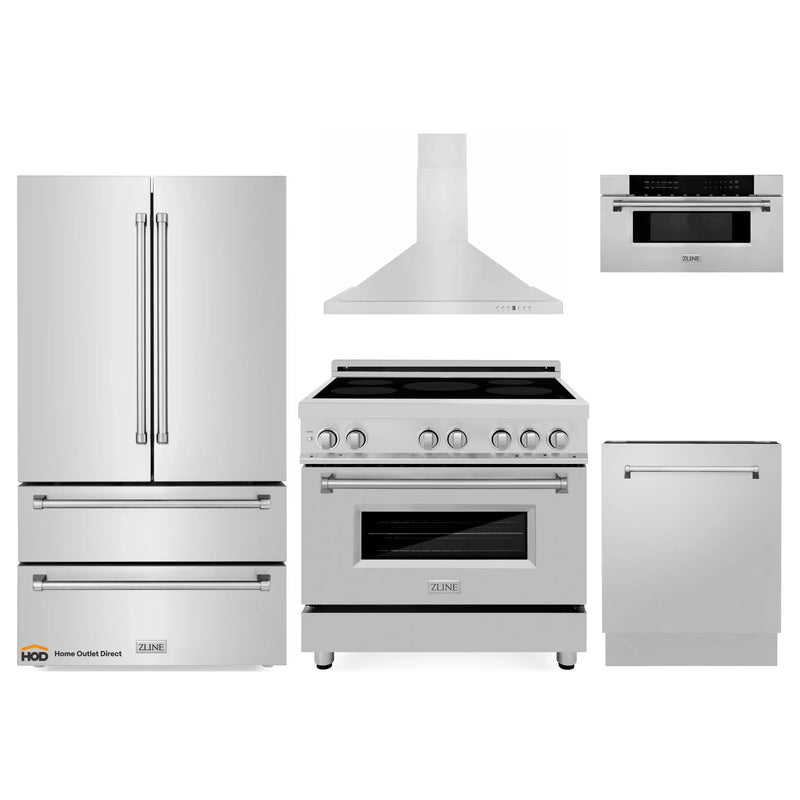 ZLINE 5-Piece Appliance Package - 36-Inch Induction Range, Wall Mount Range Hood, French Door Refrigerator, Dishwasher, and 30-Inch Microwave Drawer in Stainless Steel