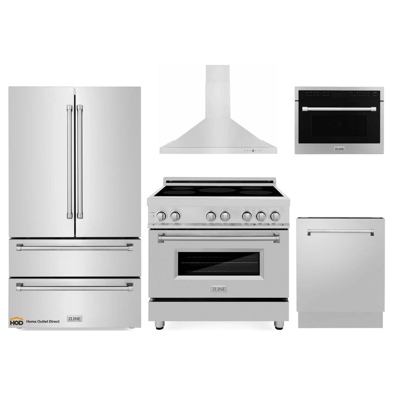 ZLINE 5-Piece Appliance Package - 36-Inch Induction Range, Wall Mount Range Hood, French Door Refrigerator, Dishwasher, and 24-Inch Microwave Oven in Stainless Steel