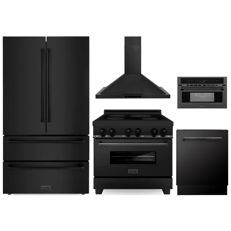 ZLINE 5-Piece Appliance Package - 36-Inch Induction Range, Convertible Wall Mount Range Hood, Refrigerator, 3-Rack Dishwasher and 30-Inch Microwave Oven in Black Stainless Steel