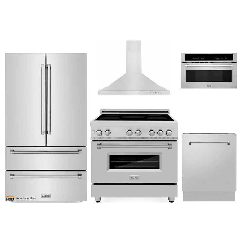 ZLINE 5-Piece Appliance Package - 36-Inch Induction Range, Wall Mount Range Hood, French Door Refrigerator, Dishwasher, and 30-Inch Microwave Oven in Stainless Steel