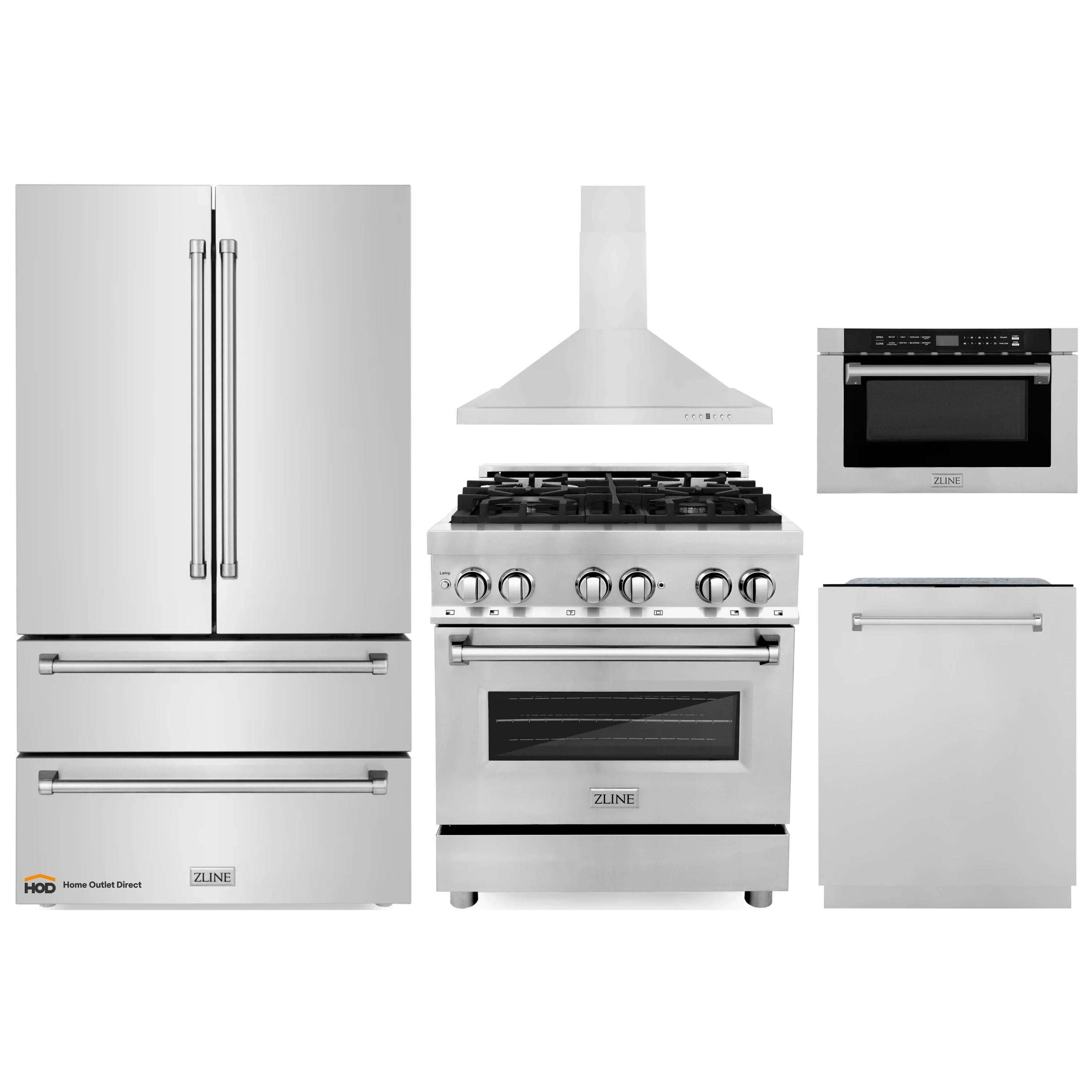 Stainless steel appliance package featuring refrigerator, range, hood, dishwasher, microwave