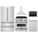 ZLINE 5-Piece Appliance Package - 30-Inch Dual Fuel Range, Hood, Refrigerator, Dishwasher, and Microwave Drawer in Stainless Steel
