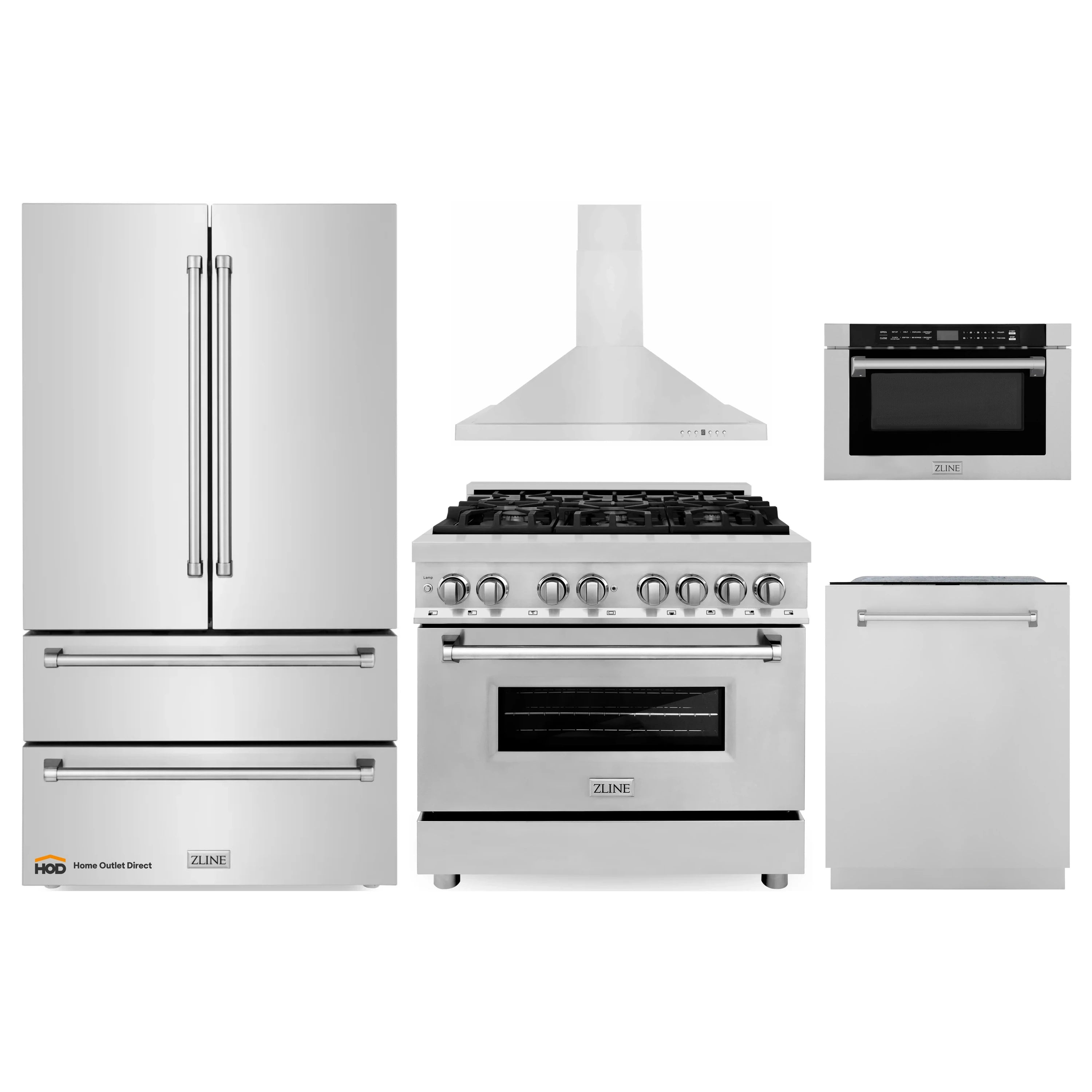 Stainless steel appliance package: range, hood, refrigerator, dishwasher, microwave drawer