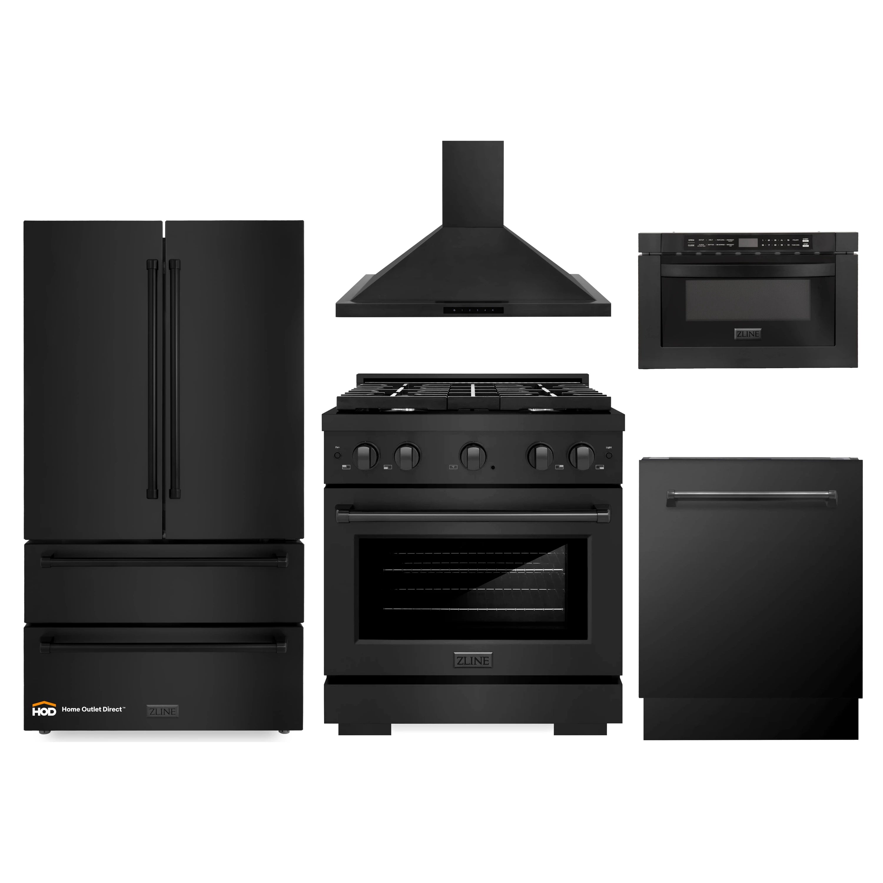Black stainless 5-piece kitchen set: fridge, gas range, hood, microwave drawer, dishwasher