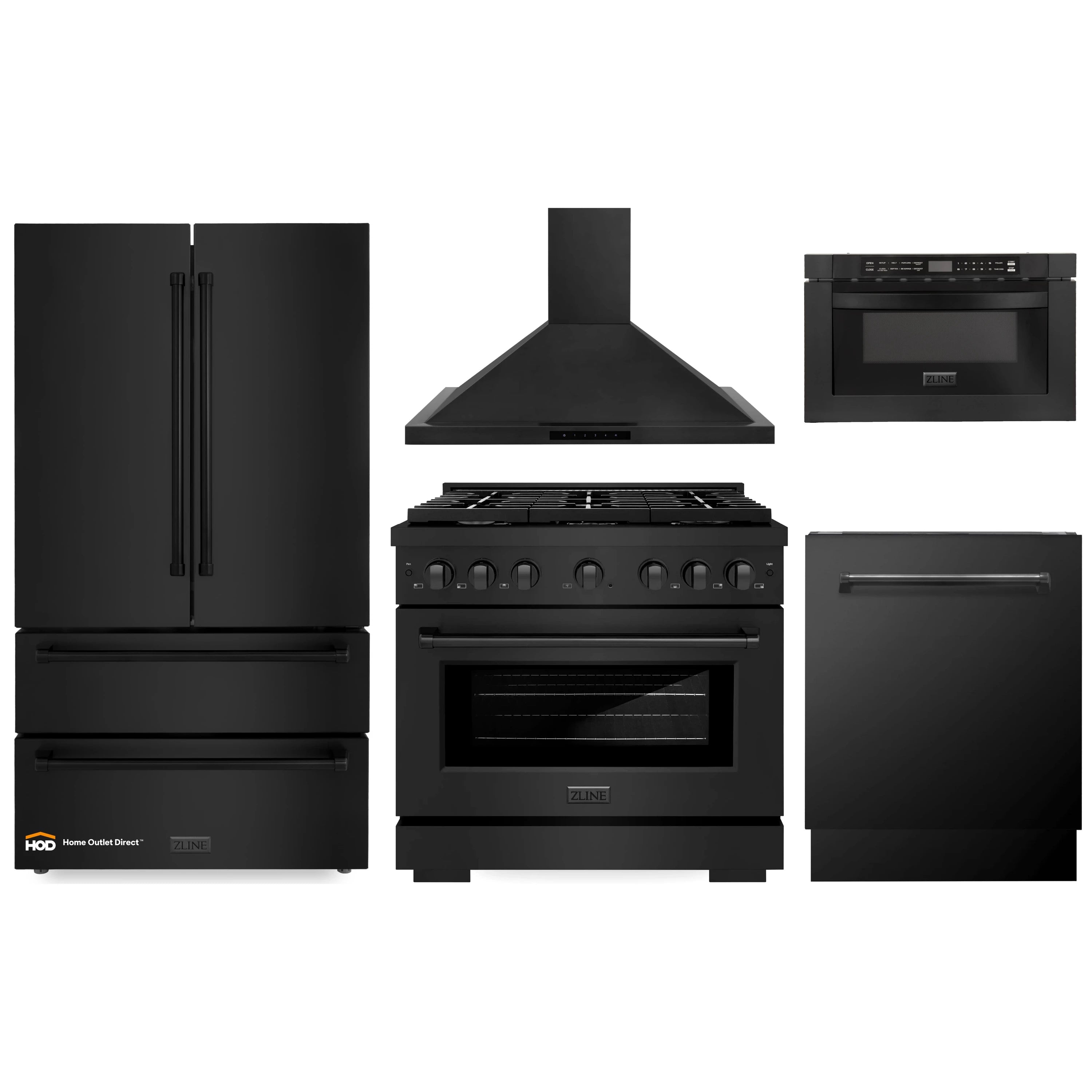 Black appliance package: refrigerator, gas range, hood, microwave, and dishwasher