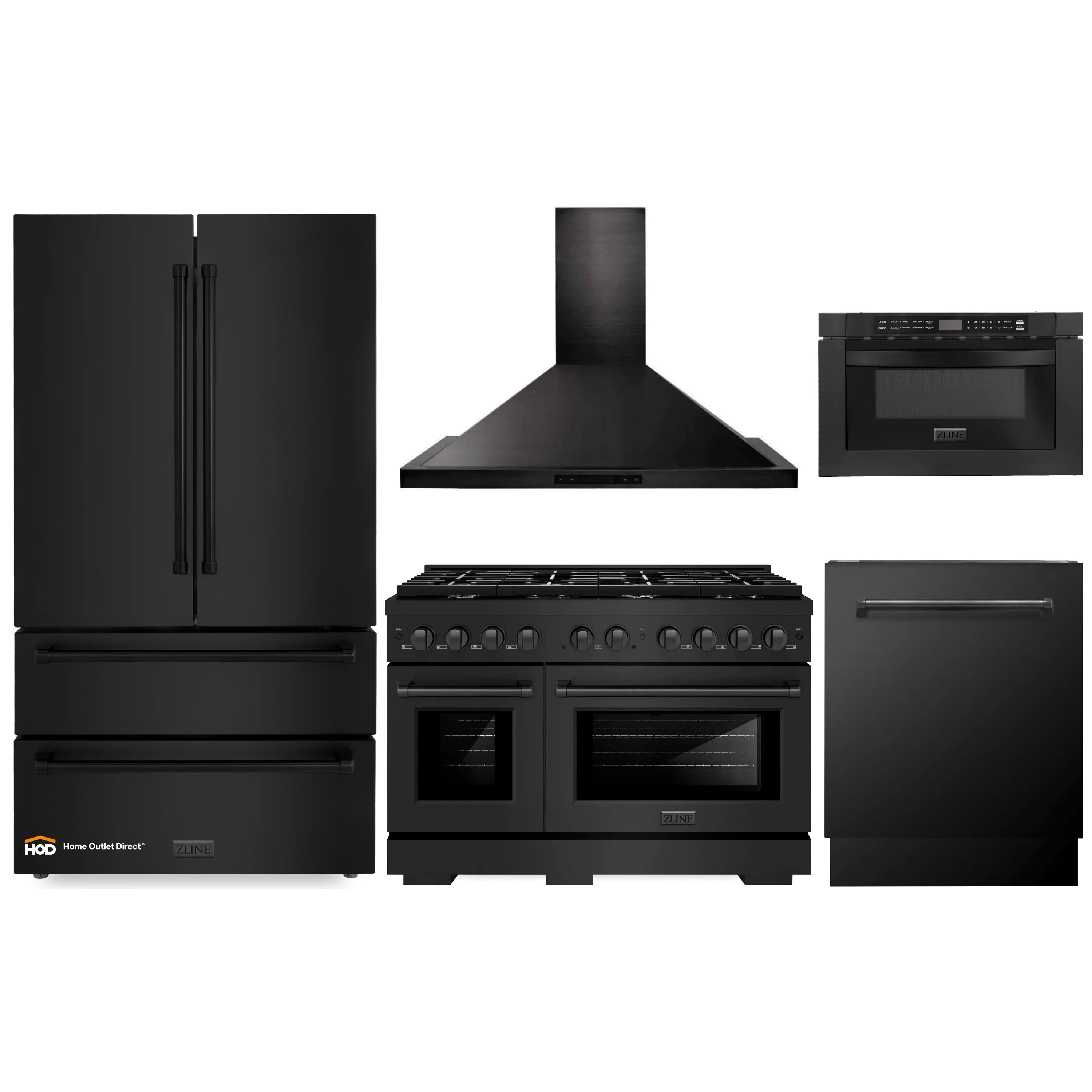 Black kitchen appliance bundle with refrigerator, gas range, hood, and microwave drawer