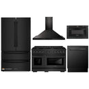 ZLINE 5-Piece Appliance Package - 48-Inch Gas Range, Refrigerator, Convertible Wall Mount Hood, Microwave Drawer, and 3-Rack Dishwasher in Black Stainless Steel (5KPR-SGRBRH48-MWDWV)