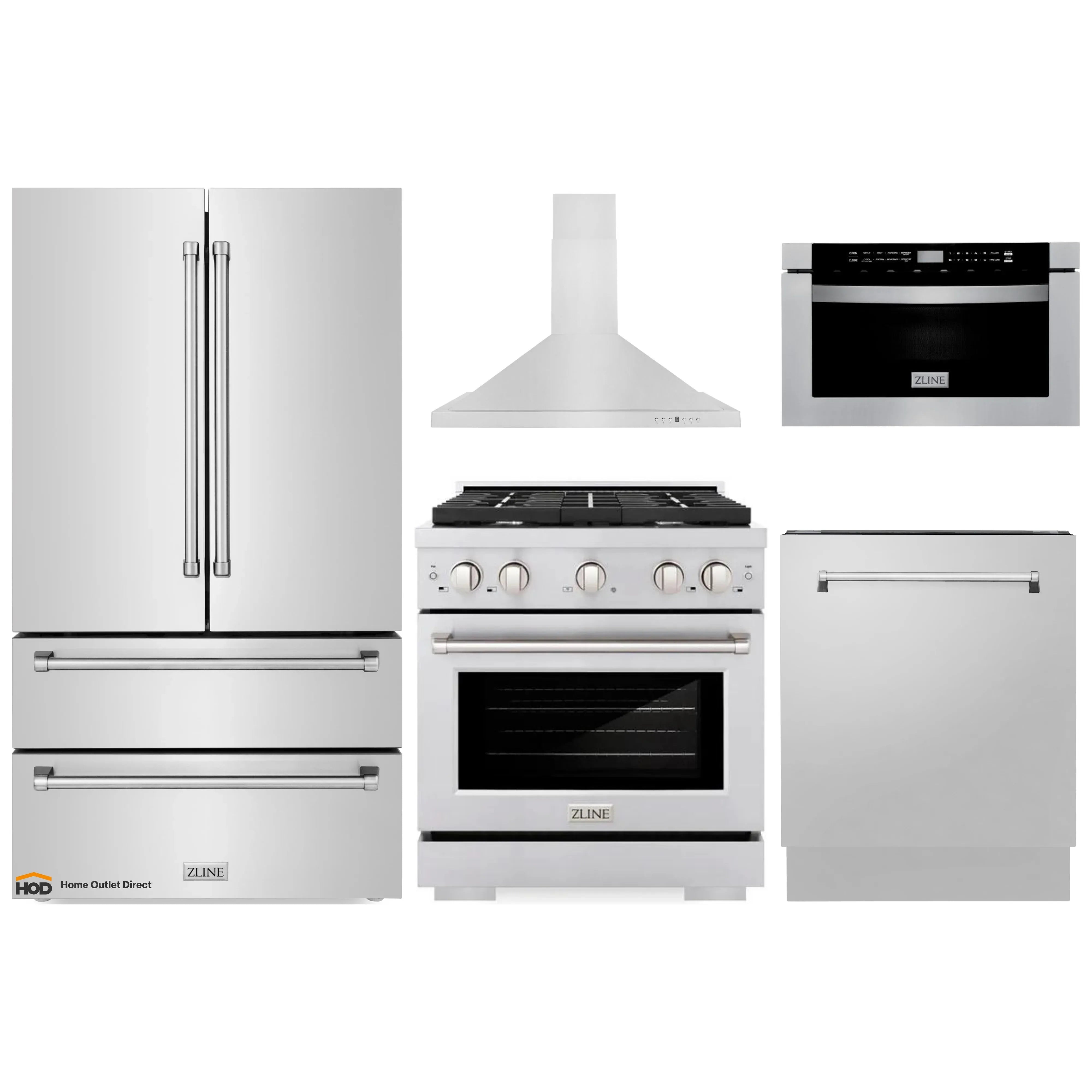 Stainless steel appliance package showing gas range, refrigerator, microwave drawer, and hood