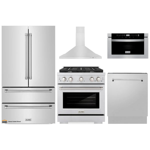 ZLINE 5-Piece Appliance Package - 30-Inch Gas Range, Refrigerator, Convertible Wall Mount Hood, Microwave Drawer, and 3-Rack Dishwasher in Stainless Steel (5KPR-SGRRH30-MWDWV)