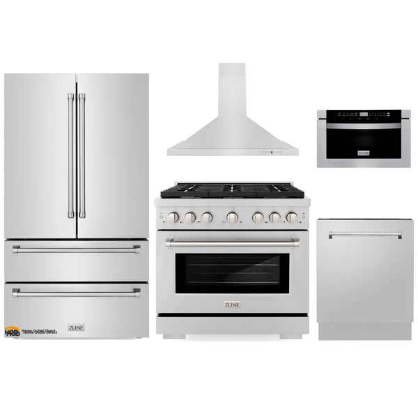 ZLINE 5-Piece Appliance Package - 36-Inch Gas Range, Refrigerator, Convertible Wall Mount Hood, Microwave Drawer, and 3-Rack Dishwasher in Stainless Steel (5KPR-SGRRH36-MWDWV)