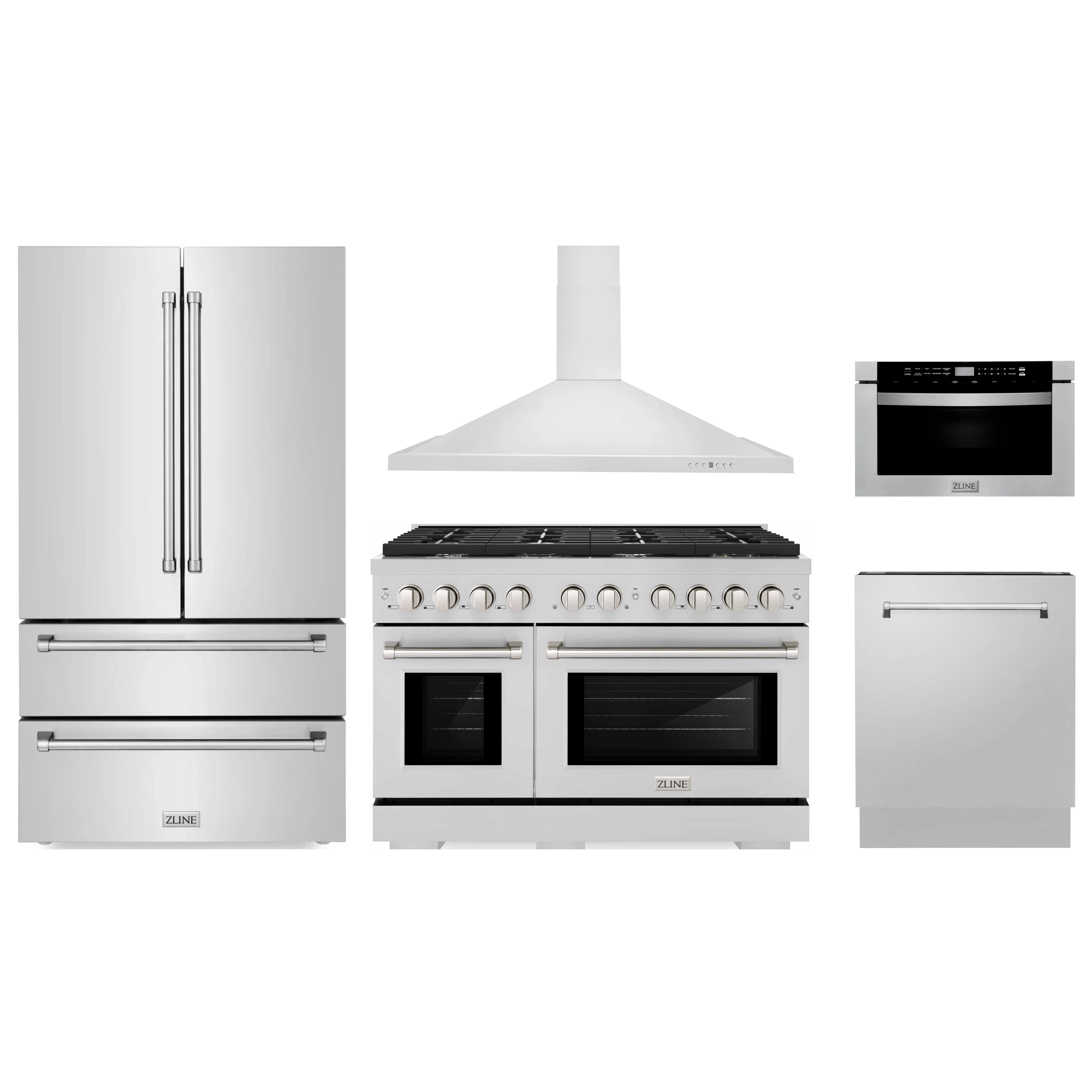 Stainless steel appliance package: gas range, wall hood, microwave drawer, fridge, dishwasher