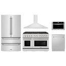 ZLINE 5-Piece Appliance Package - 48-Inch Gas Range, Refrigerator, Convertible Wall Mount Hood, Microwave Drawer, and 3-Rack Dishwasher in Stainless Steel (5KPR-SGRRH48-MWDWV)
