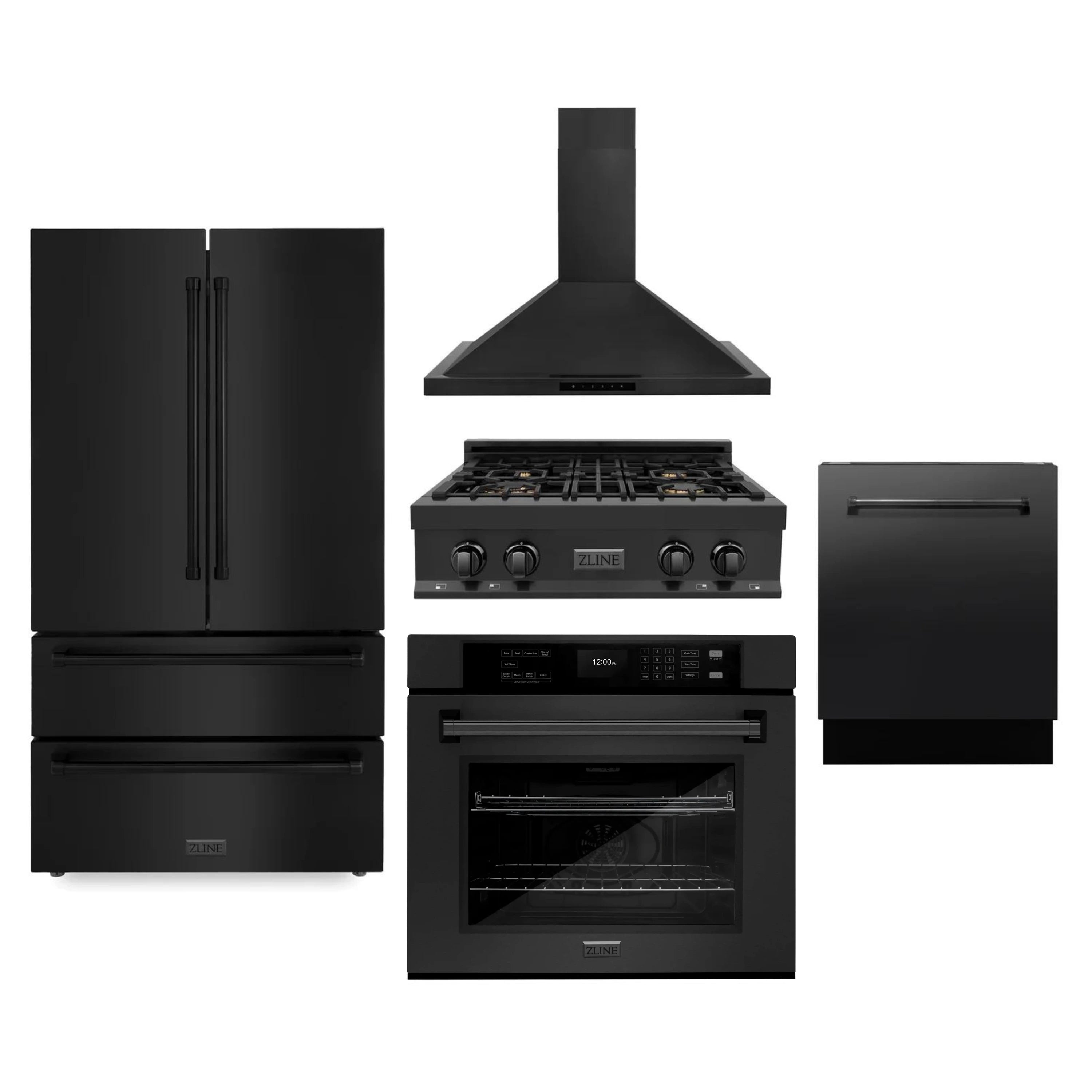 Black stainless appliance set with refrigerator, range, wall oven, and vent hood