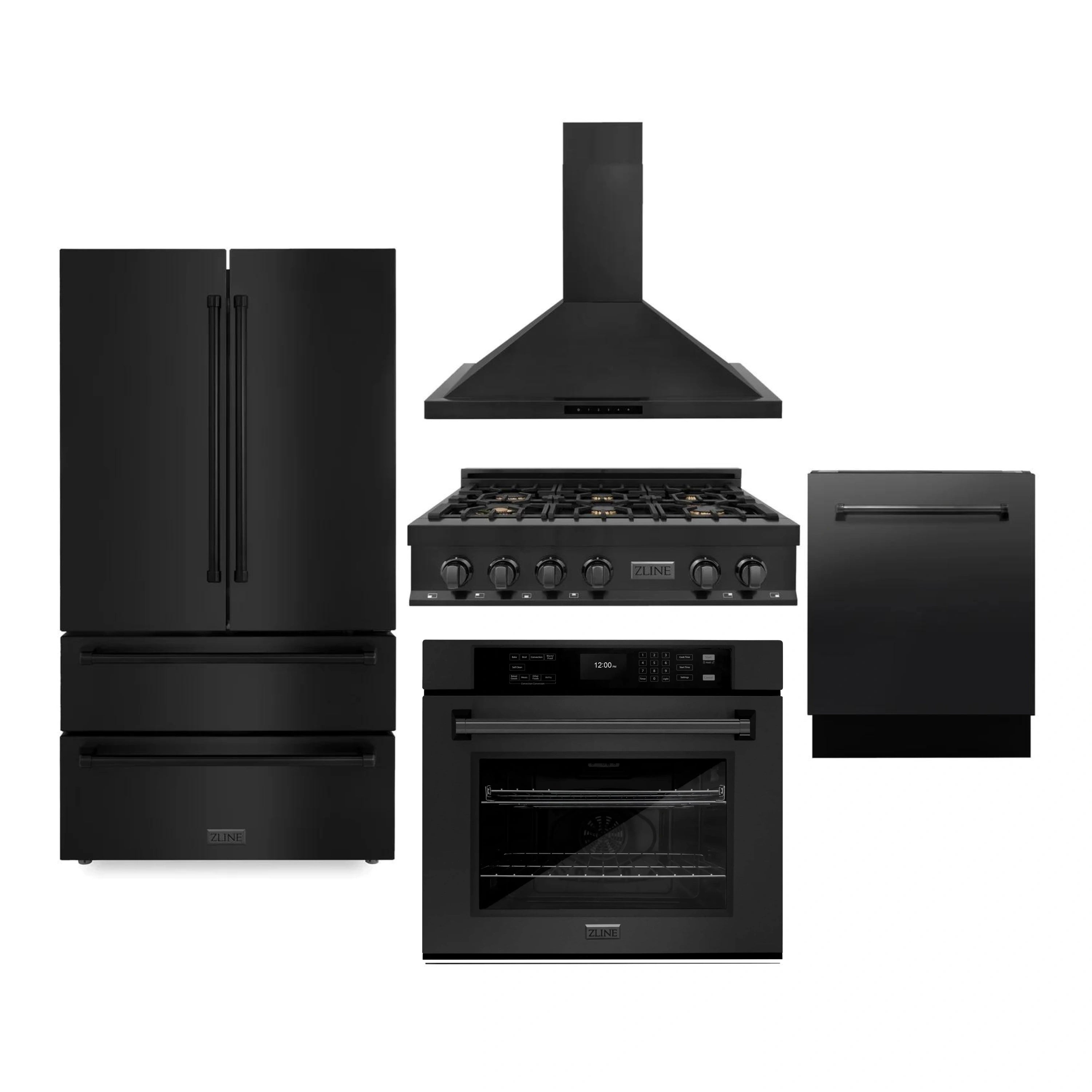 Black stainless appliance set with range, hood, wall oven, dishwasher, and refrigerator