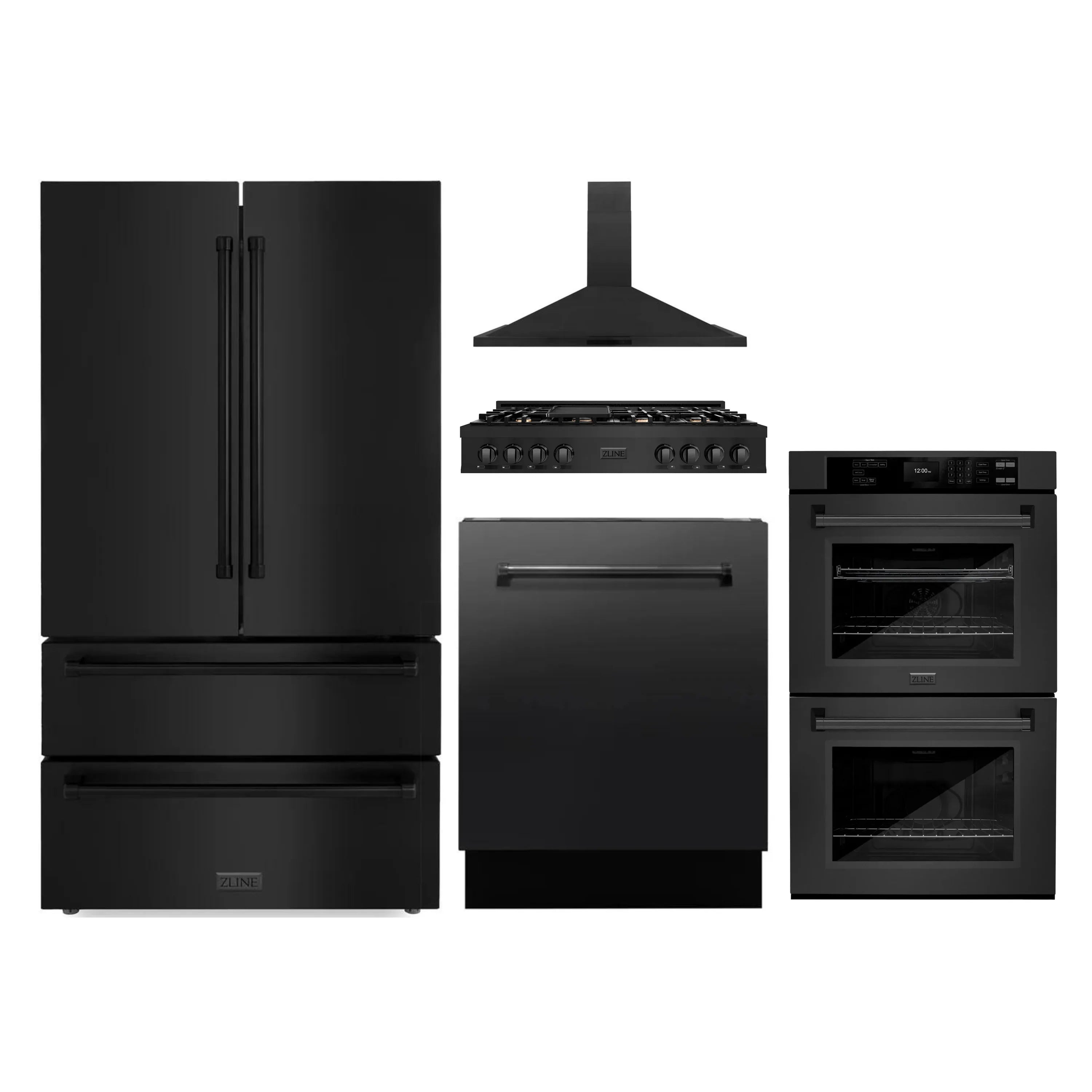 Black appliance package showing refrigerator, gas range, double wall ovens, and wall hood