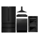 ZLINE 5-Piece Appliance Package - 48-Inch Rangetop with Brass Burners, Refrigerator, 30-Inch Electric Double Wall Oven, 3-Rack Dishwasher, and Convertible Wall Mount Hood in Black Stainless Steel (5KPR-RTBRH48-AWDDWV)