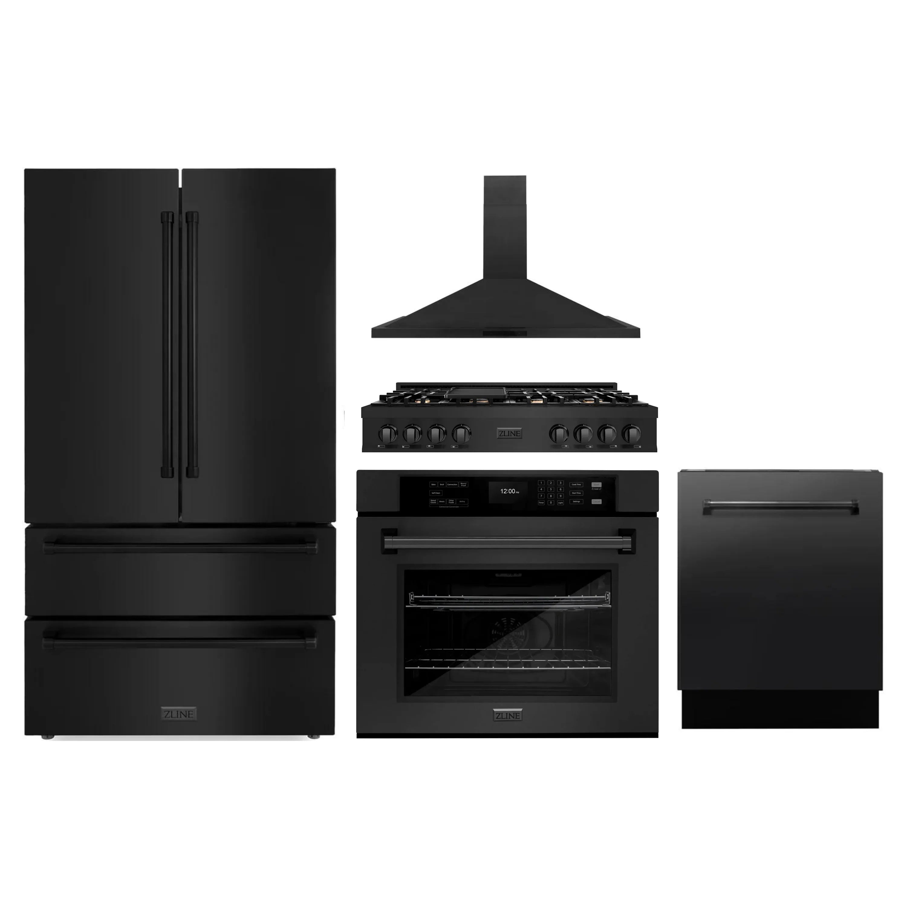 Black stainless appliance set with refrigerator, wall oven, dishwasher and wall hood