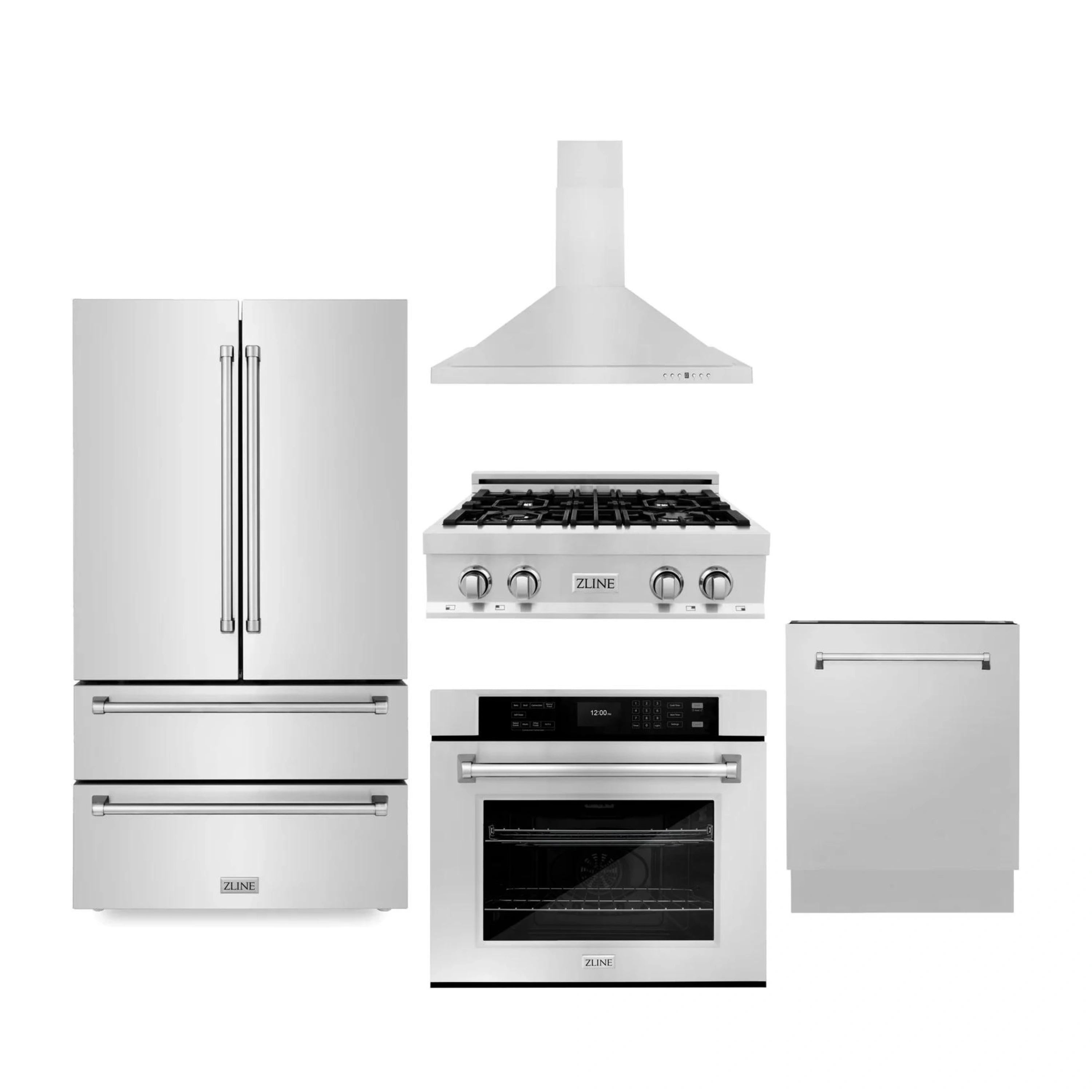Stainless appliance package featuring refrigerator, range, wall oven, dishwasher, and hood