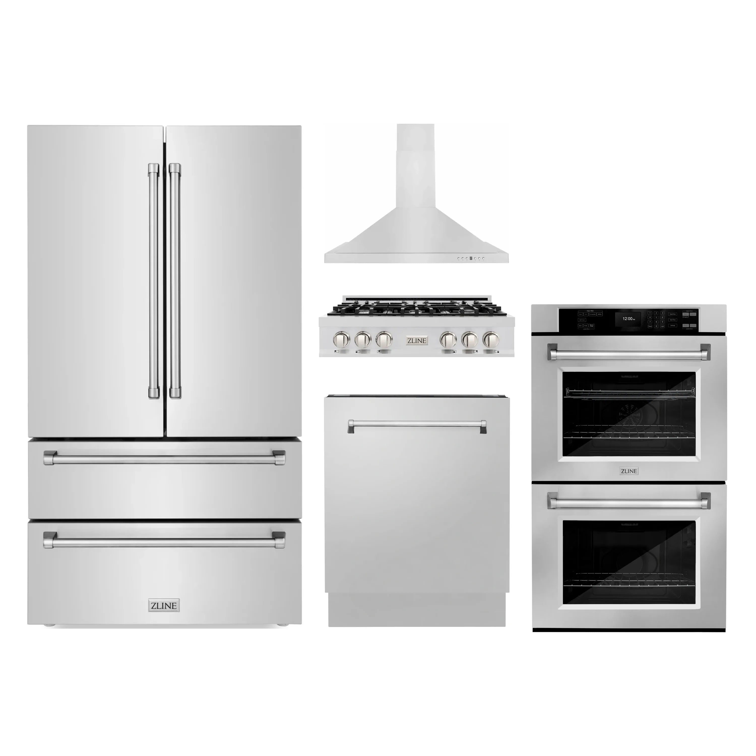 Kitchen appliance package with refrigerator, wall ovens, range, and wall hood