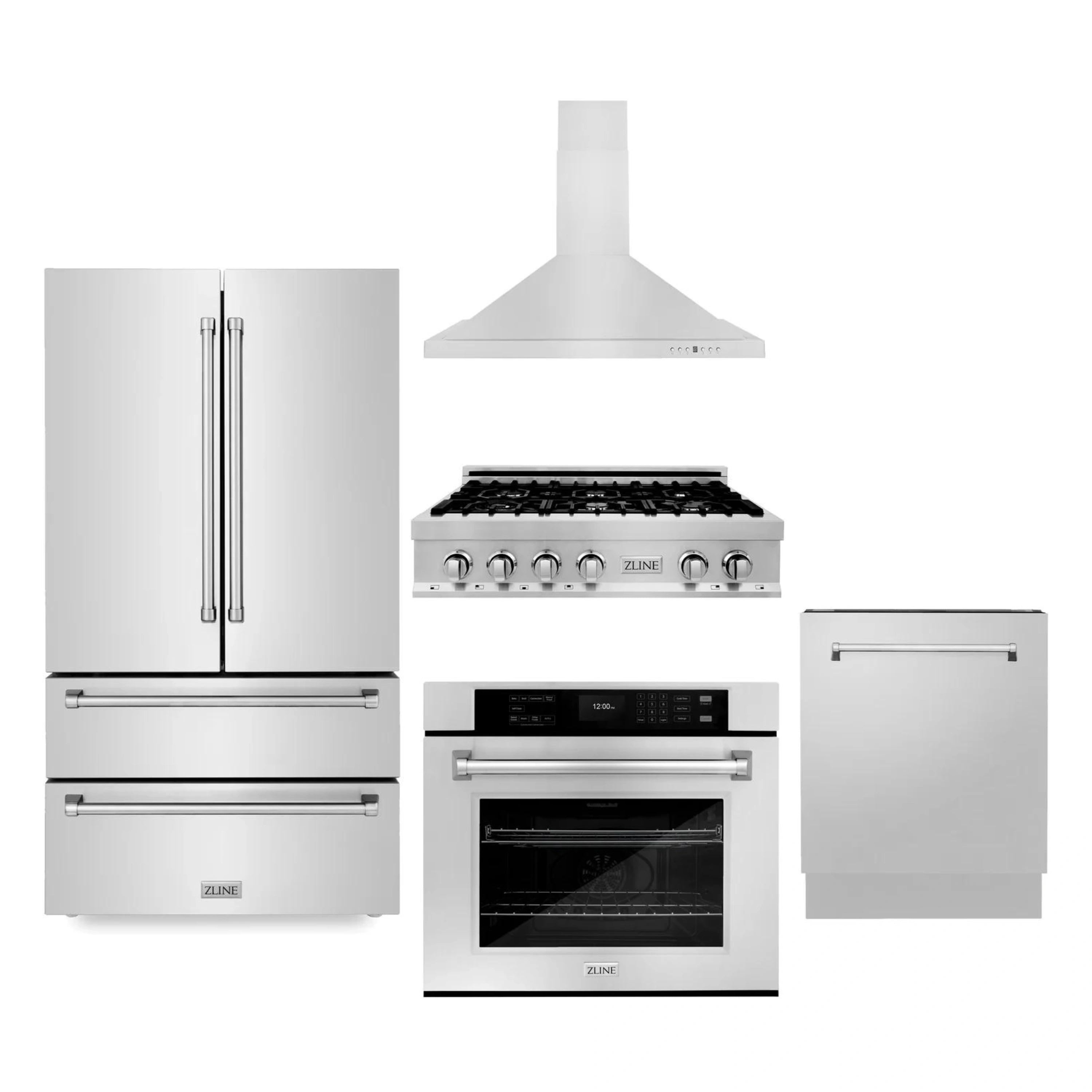 ZLINE 5-Piece Appliance Package - 36-Inch Rangetop, Refrigerator, 30-Inch Electric Wall Oven, 3-Rack Dishwasher, and Convertible Wall Mount Hood in Stainless Steel (5KPR-RTRH36-AWSDWV)