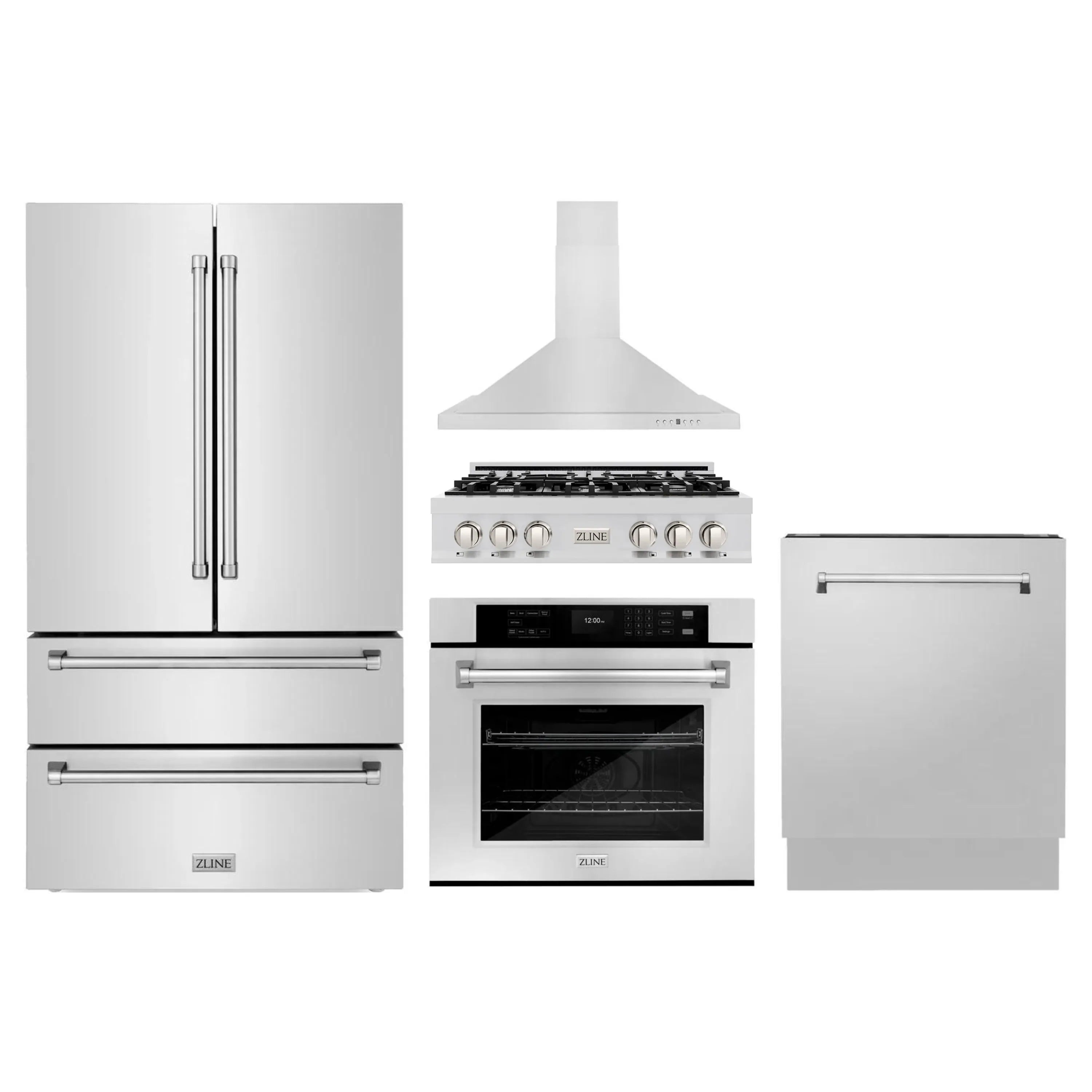 Stainless steel 5-piece appliance set: fridge, oven, dishwasher, hood, rangetop