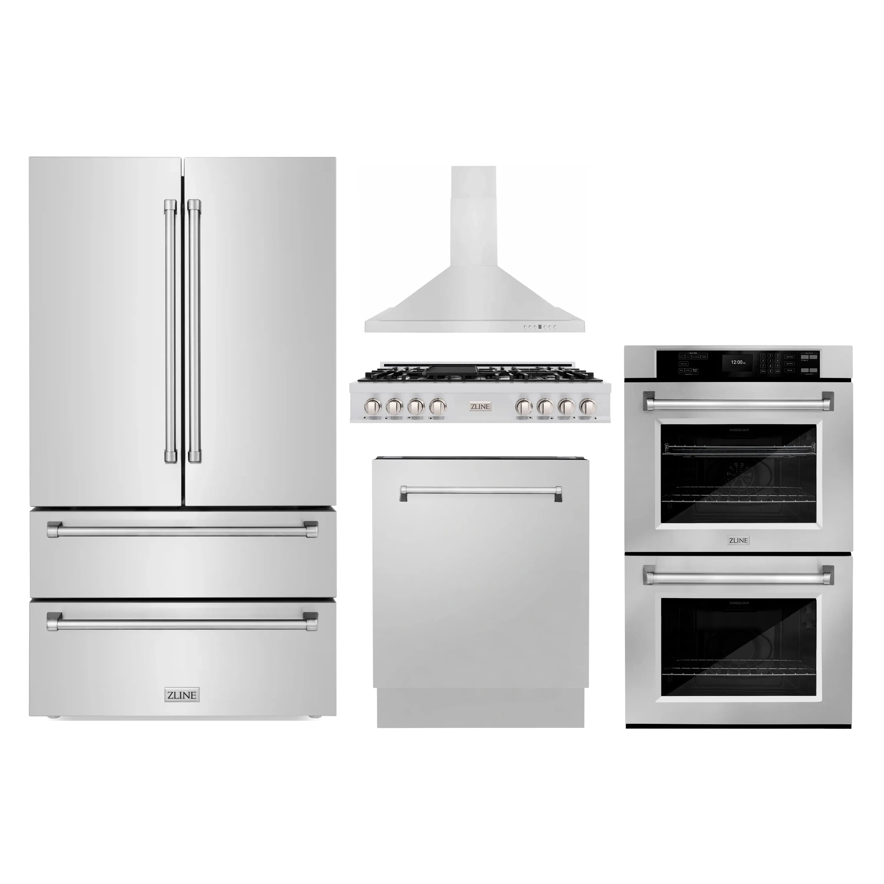 ZLINE appliance package set with refrigerator, dishwasher, double wall ovens, and gas cooktop