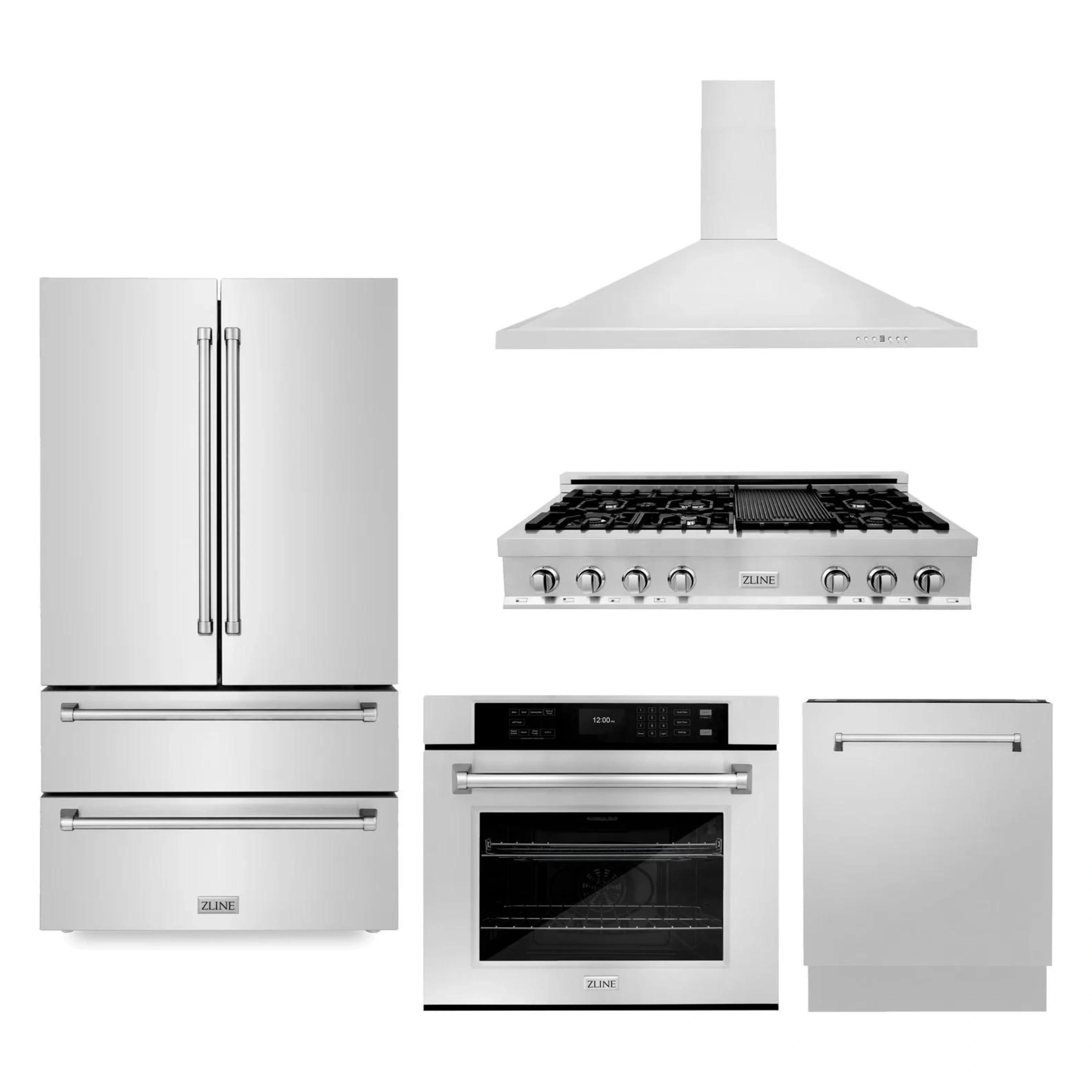 ZLINE stainless kitchen appliance package with refrigerator, rangetop, wall oven, and dishwasher