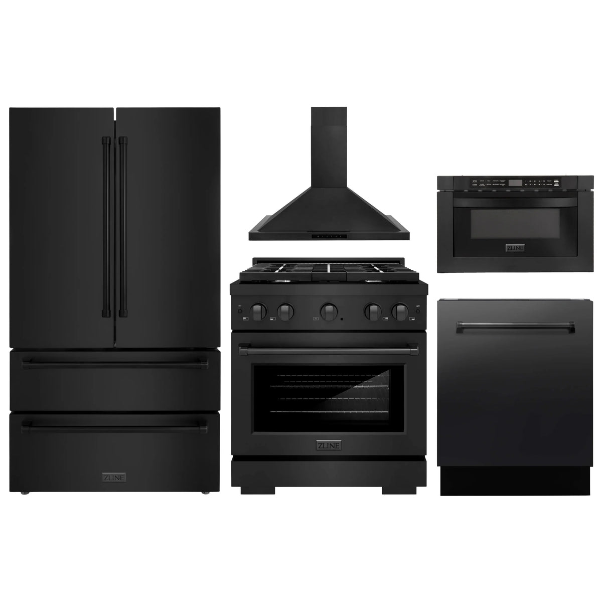 ZLINE 5-Piece Appliance Package - 30-Inch Gas Range, Refrigerator, Convertible Wall Mount Hood, Microwave Drawer, and 3-Rack Dishwasher in Black Stainless Steel (5KPR-SGRBRH-MWDWV)