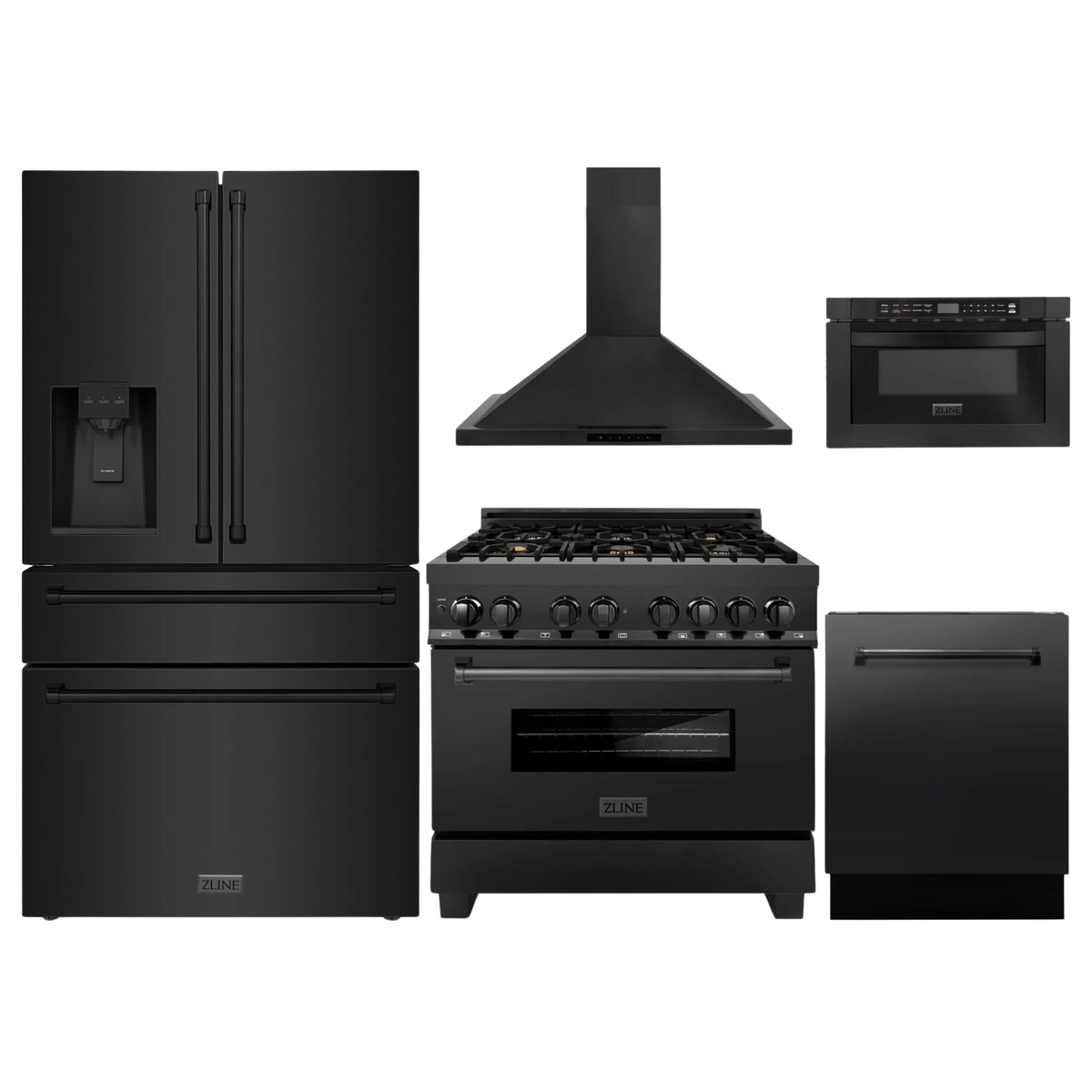 ZLINE 5-Piece Appliance Package - 36-Inch Dual Fuel Range with Brass Burners, Refrigerator with Water Dispenser, Convertible Wall Mount Hood, Microwave Drawer, and 3-Rack Dishwasher in Black Stainless Steel (5KPRW-RABRH36-MWDWV)