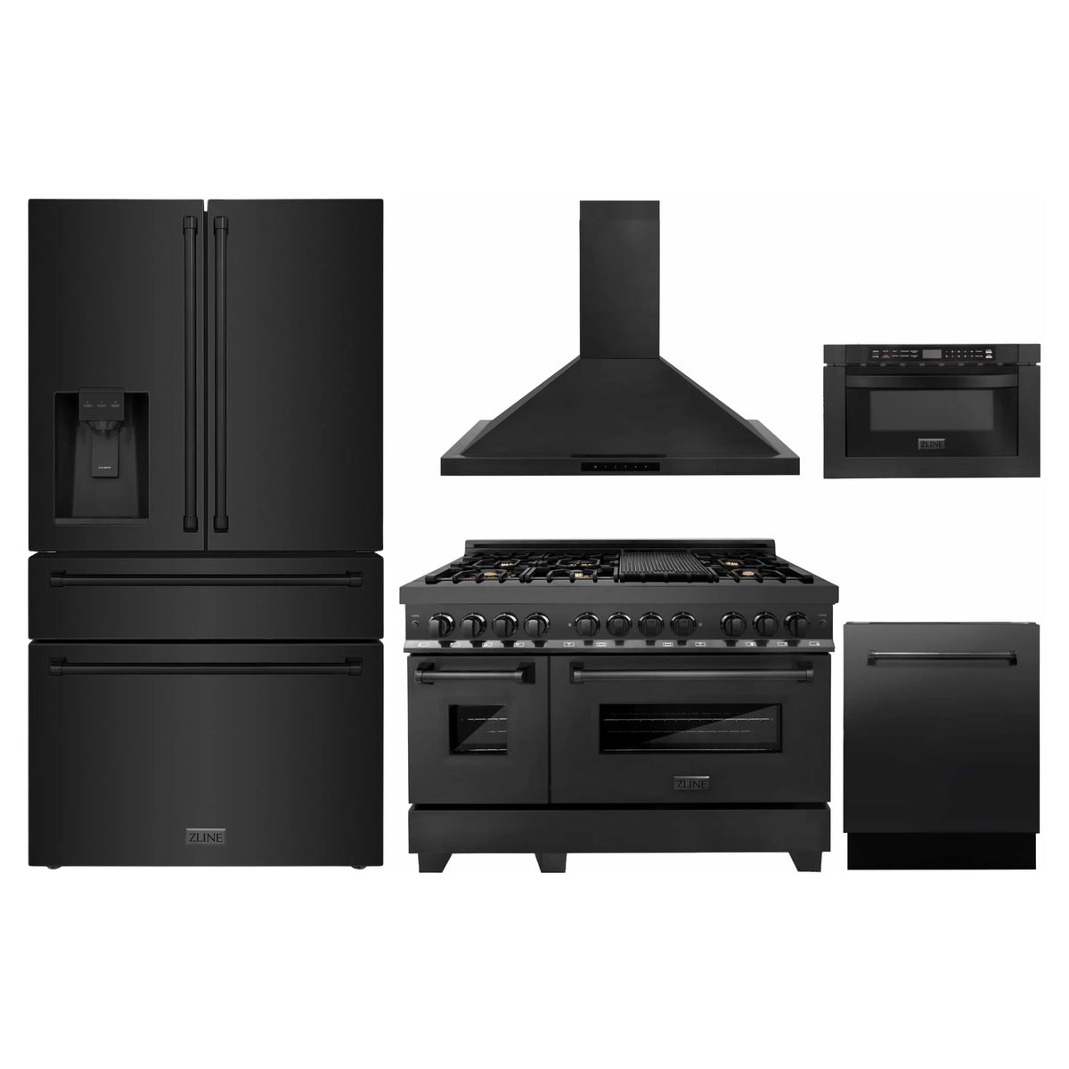 ZLINE 5-Piece Appliance Package - 48-Inch Dual Fuel Range with Brass Burners, Refrigerator with Water Dispenser, Convertible Wall Mount Hood, Microwave Drawer, and 3-Rack Dishwasher in Black Stainless Steel (5KPRW-RABRH48-MWDWV)