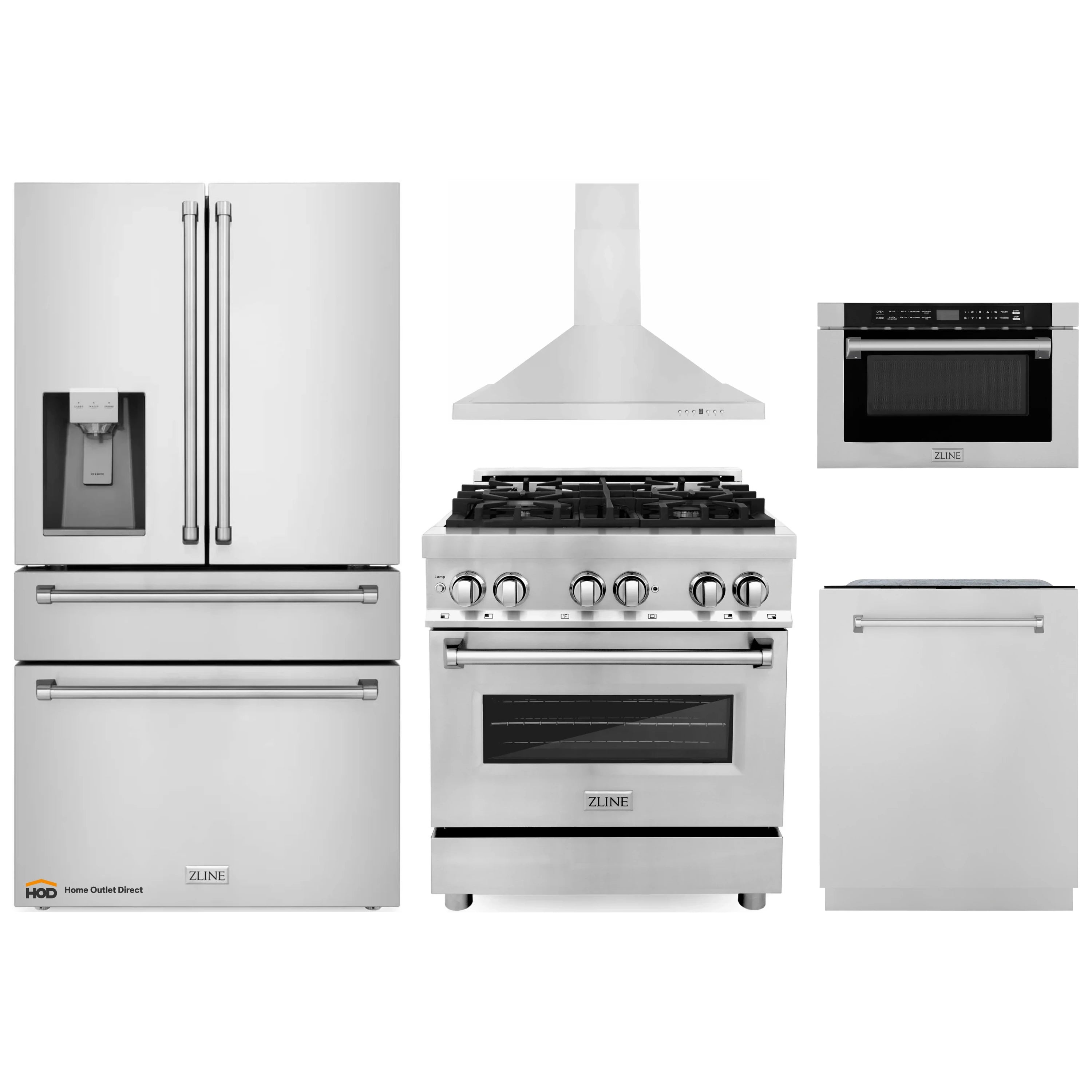 ZLINE stainless steel 5-piece appliance set: range, hood, fridge, dishwasher, microwave drawer
