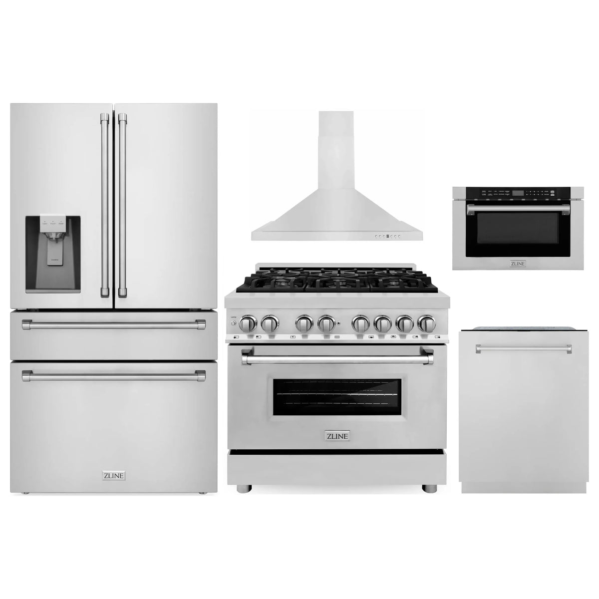 ZLINE 5-Piece Appliance Package - 36-Inch Dual Fuel Range, Hood, Refrigerator with Water Dispenser, Dishwasher, and Microwave Drawer in Stainless Steel