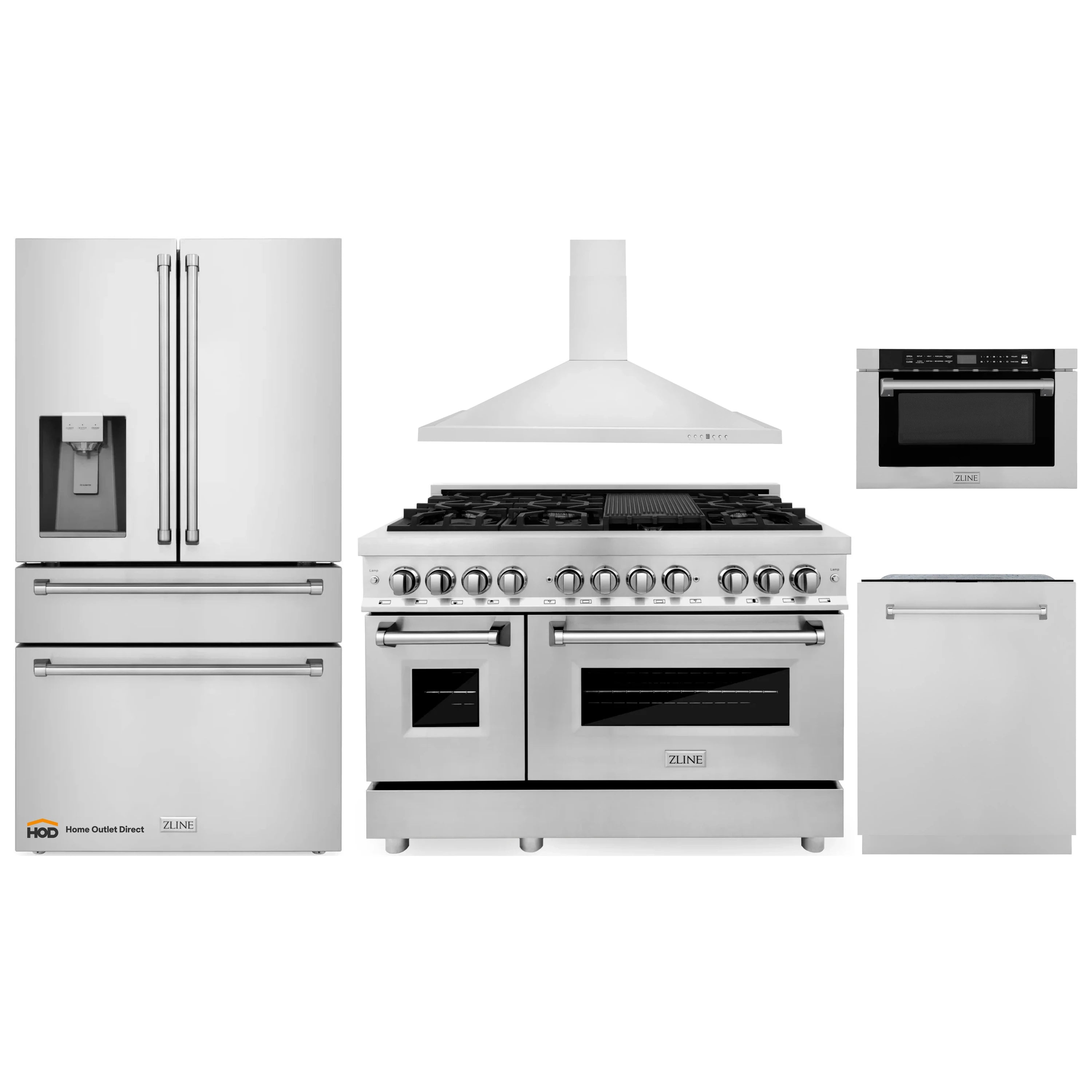 Stainless steel kitchen appliance set featuring range, hood, refrigerator, dishwasher, and microwave