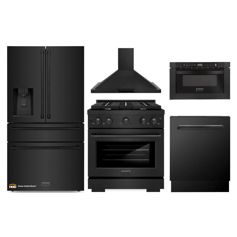 ZLINE 5-Piece Appliance Package - 30-Inch Gas Range, Refrigerator with Water Dispenser, Convertible Wall Mount Hood, Microwave Drawer, and 3-Rack Dishwasher in Black Stainless Steel (5KPRW-RGBRH30-MWDWV)