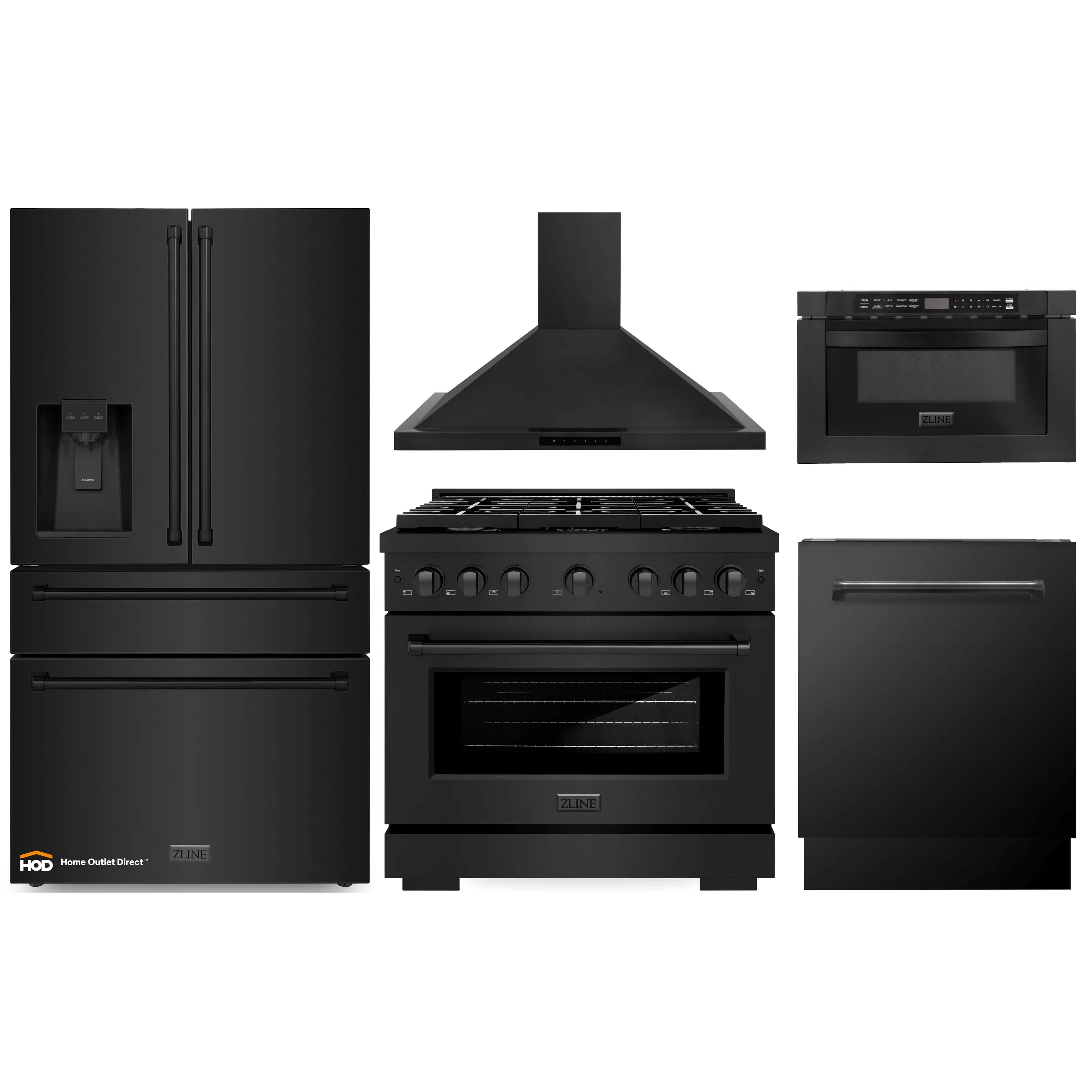 Black stainless steel appliance package featuring range, hood, fridge, microwave, and dishwasher