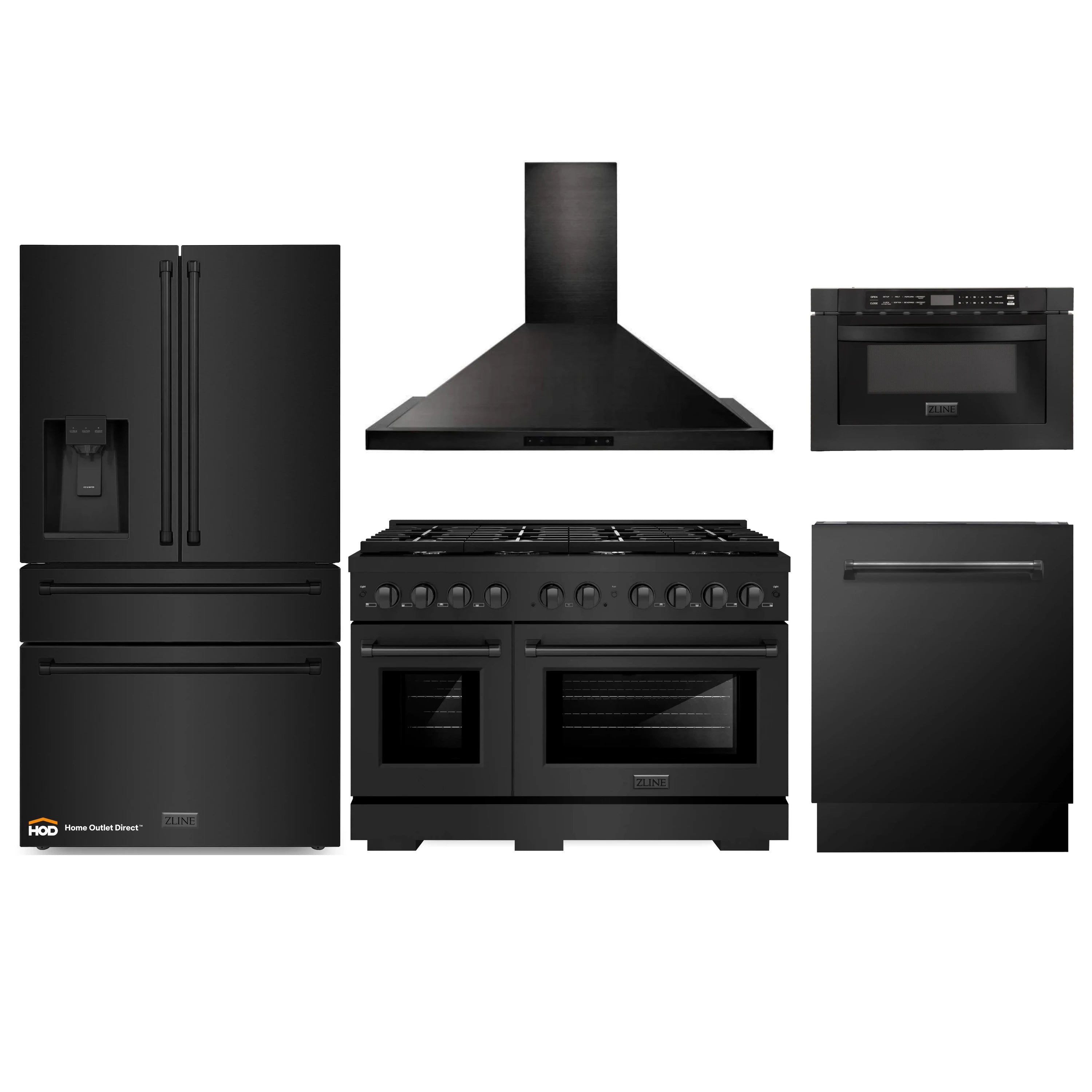Black stainless appliance package: gas range, hood, refrigerator, microwave drawer, dishwasher