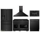 ZLINE 5-Piece Appliance Package - 48-Inch Gas Range, Refrigerator with Water Dispenser, Convertible Wall Mount Hood, Microwave Drawer, and 3-Rack Dishwasher in Black Stainless Steel (5KPRW-SGRBRH48-MWDWV)