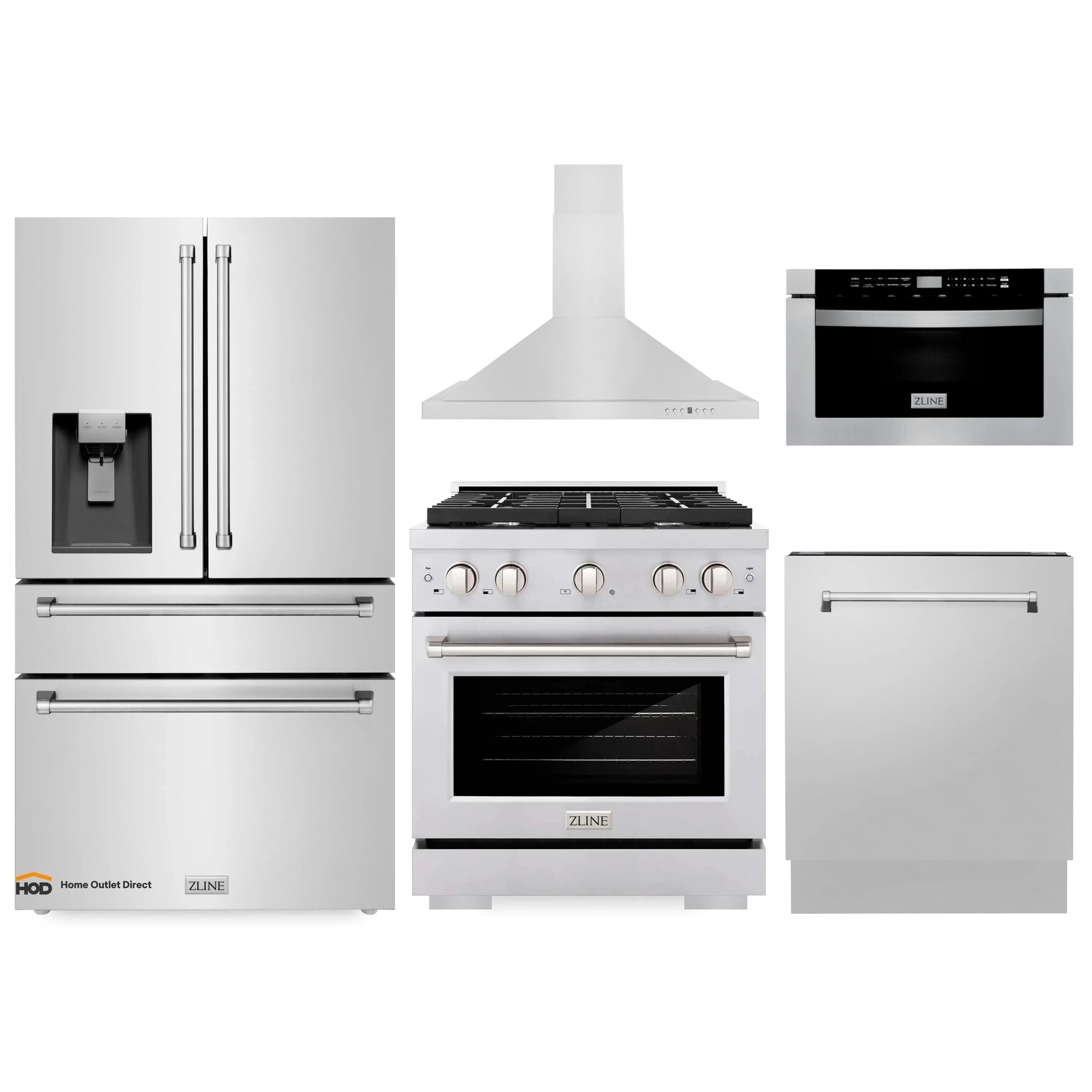 Stainless steel kitchen appliance set showing refrigerator, hood, gas range, and microwave