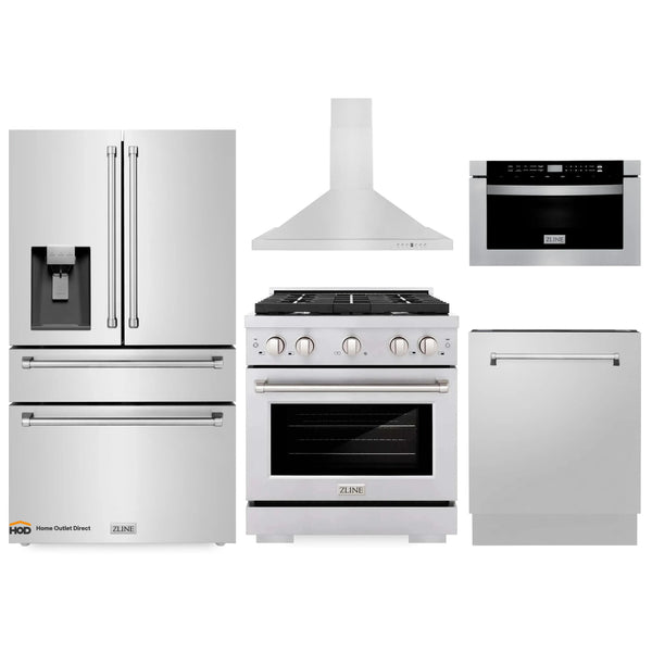 ZLINE 5-Piece Appliance Package - 30" Gas Range, 36" Refrigerator with Water Dispenser, Convertible Wall Mount Hood, Microwave Drawer, and 3-Rack Dishwasher in Stainless Steel (5KPRW-SGRRH30-MWDWV)