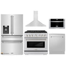 ZLINE 5-Piece Appliance Package - 36-Inch Gas Range, Refrigerator with Water Dispenser, Convertible Wall Mount Hood, Microwave Drawer, and 3-Rack Dishwasher in Stainless Steel (5KPRW-SGRRH36-MWDWV)