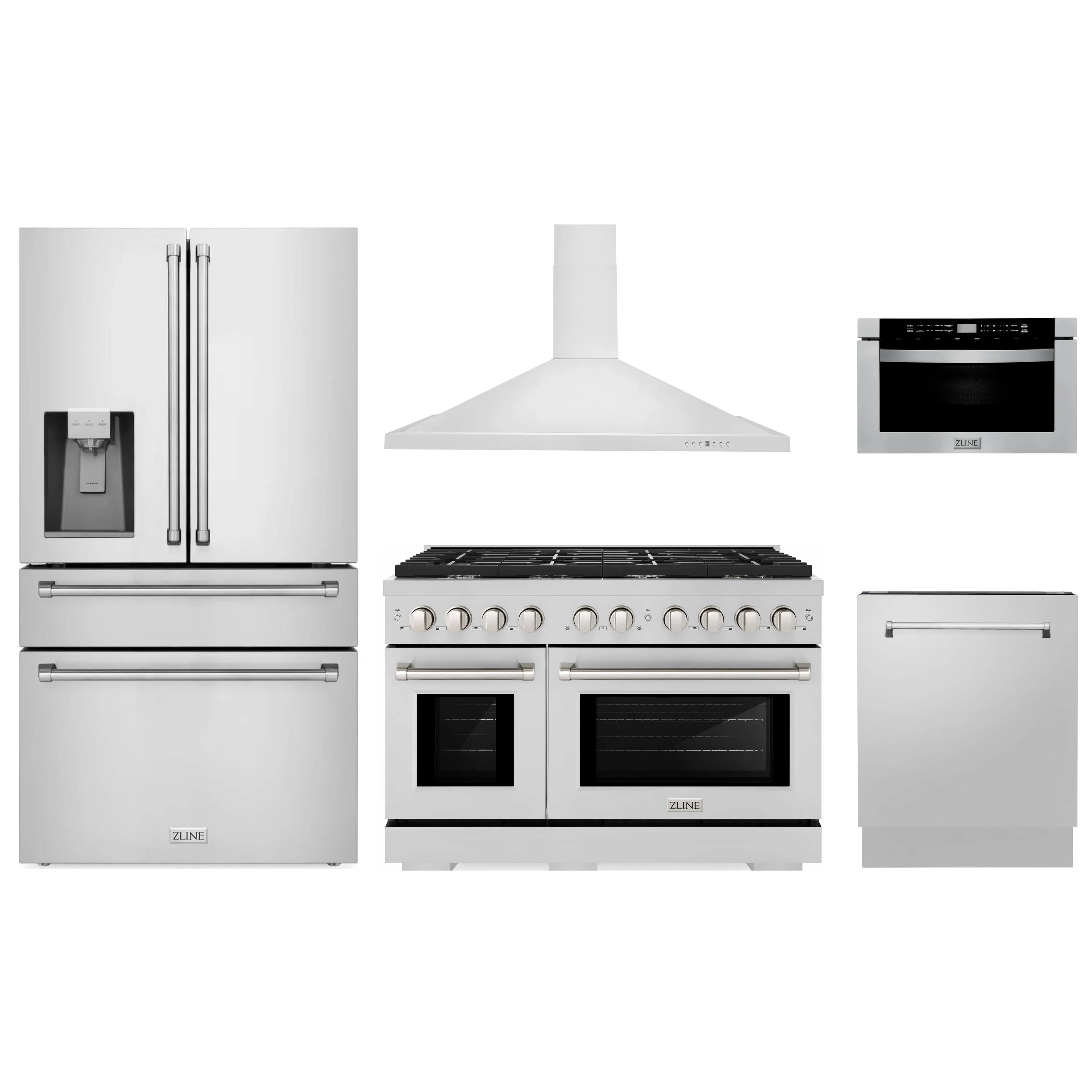 Stainless kitchen appliance package: refrigerator, gas range, wall hood, microwave drawer