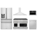 ZLINE 5-Piece Appliance Package - 48-Inch Gas Range, Refrigerator with Water Dispenser, Convertible Wall Mount Hood, Microwave Drawer, and 3-Rack Dishwasher in Stainless Steel (5KPRW-SGRRH48-MWDWV)