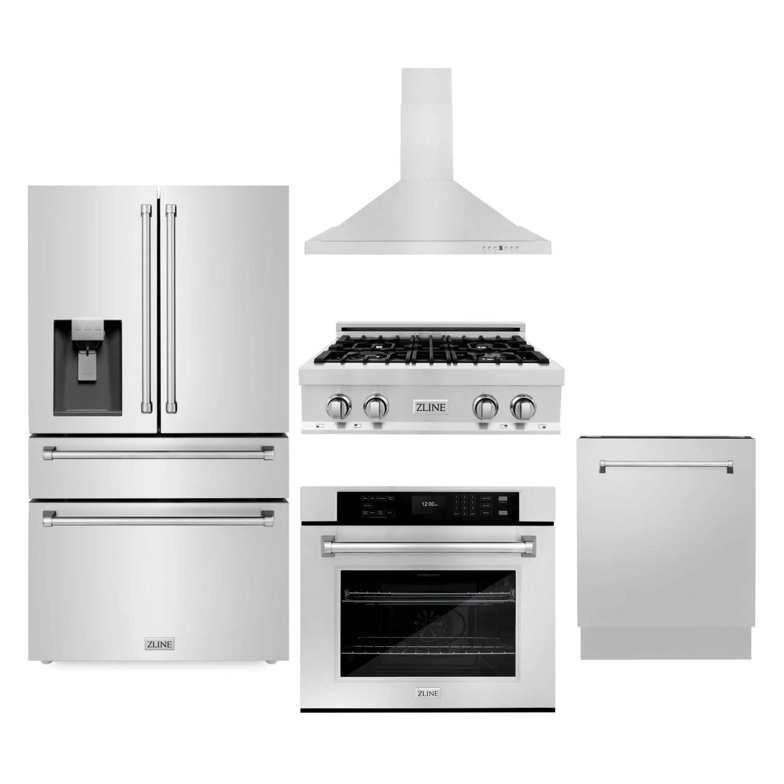Stainless steel appliance package set: refrigerator, range, wall oven, and hood