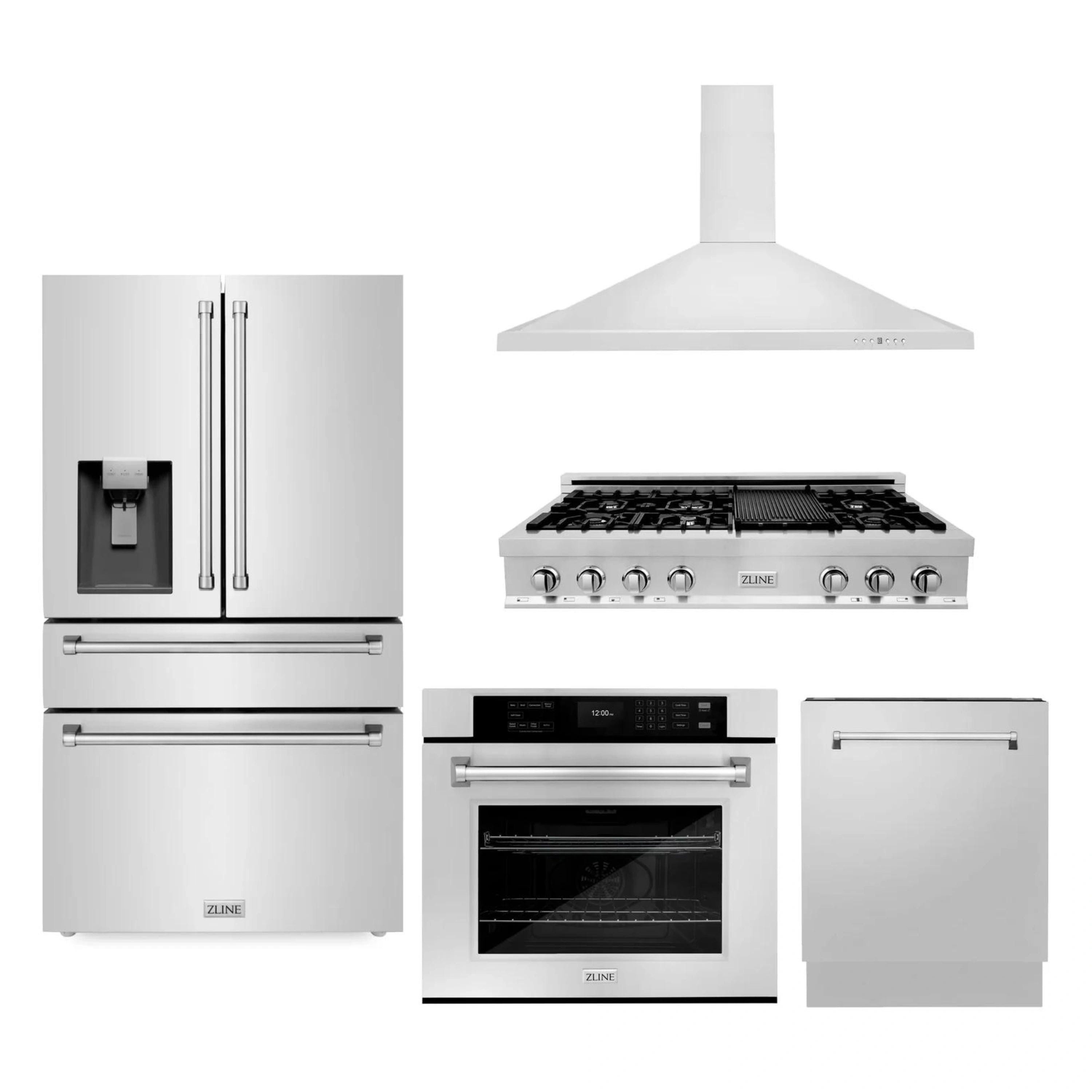 ZLINE stainless steel appliance package with refrigerator, rangetop, oven and hood