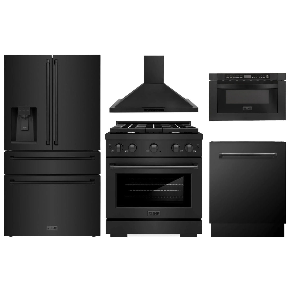 ZLINE 5-Piece Appliance Package - 30-Inch Gas Range, Refrigerator with Water Dispenser, Convertible Wall Mount Hood, Microwave Drawer, and 3-Rack Dishwasher in Black Stainless Steel (5KPRW-SGRBRH30-MWDWV)
