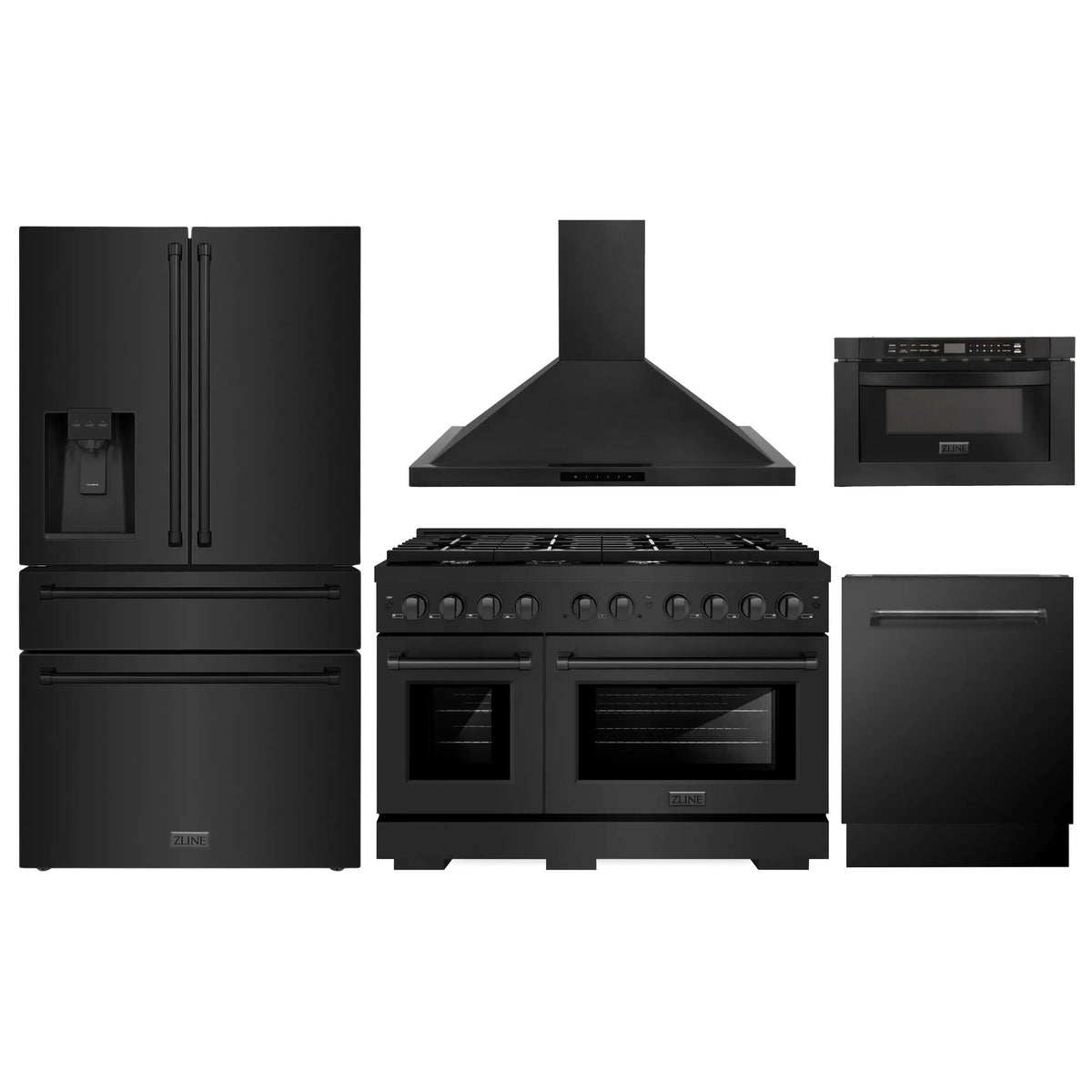 ZLINE 5-Piece Appliance Package - 48-Inch Gas Range, Refrigerator with Water Dispenser, Convertible Wall Mount Hood, Microwave Drawer, and 3-Rack Dishwasher in Black Stainless Steel (5KPRW-SGRBRH48-MWDWV)