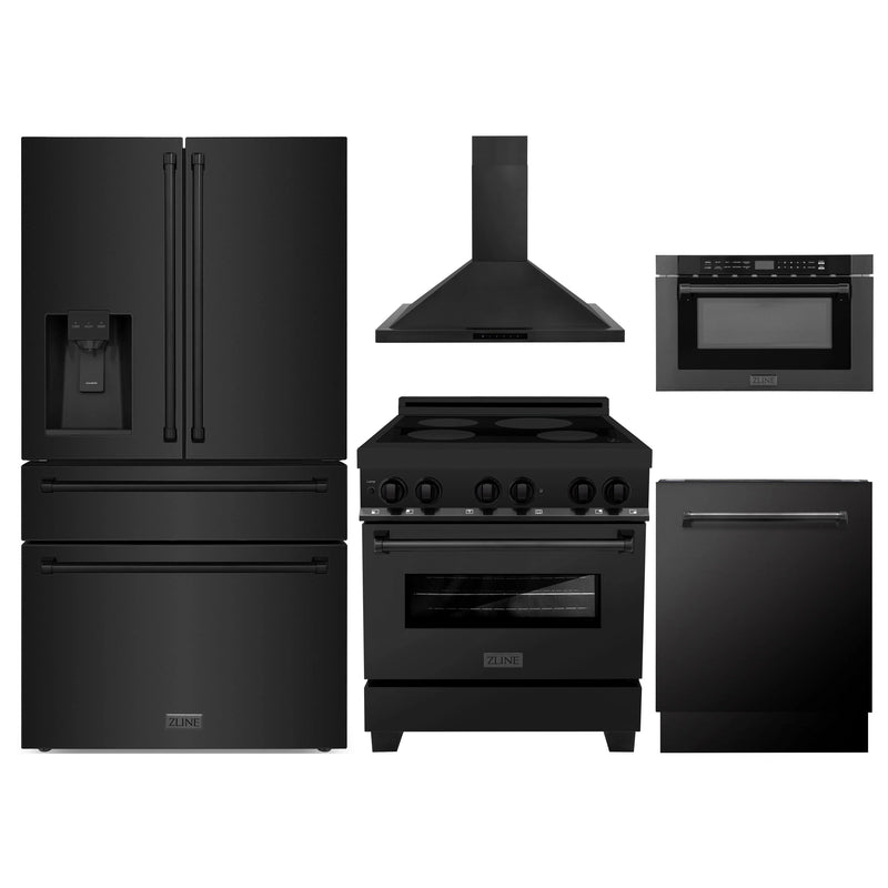 ZLINE 5-Piece Appliance Package - 30-Inch Induction Range, Wall Mount Range Hood, Refrigerator with Water Dispenser, Dishwasher and 24-Inch Microwave Drawer in Black Stainless Steel