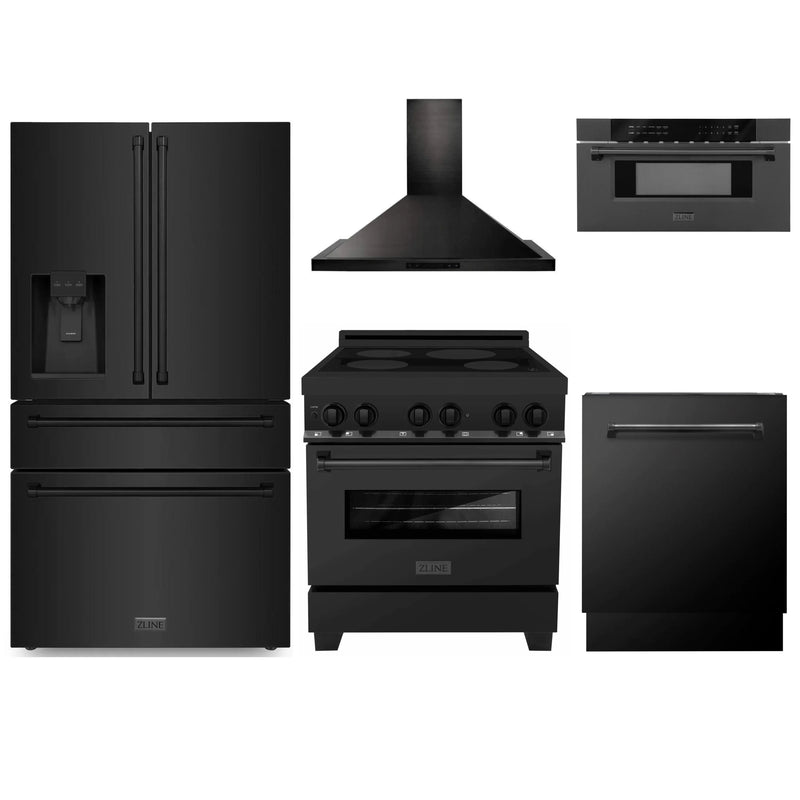 ZLINE 5-Piece Appliance Package - 30-Inch Induction Range, Wall Mount Range Hood, Refrigerator with Water Dispenser, Dishwasher, and 30-Inch Microwave Drawer in Black Stainless Steel