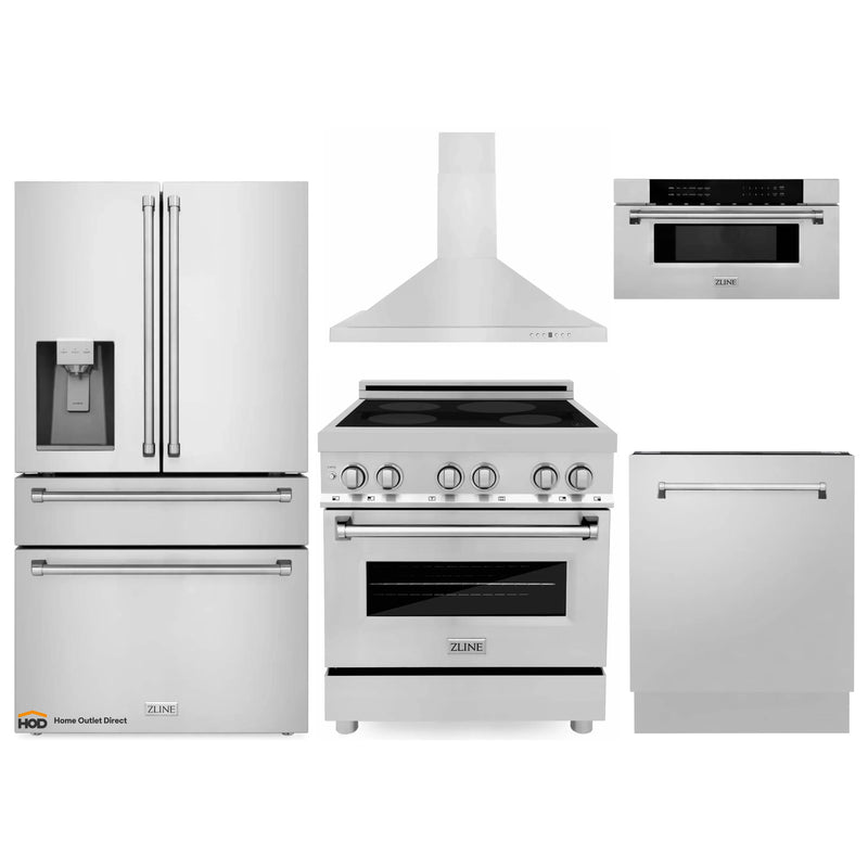 ZLINE 5-Piece Appliance Package - 30-Inch Induction Range, Wall Mount Range Hood, Refrigerator with Water Dispenser, Dishwasher, and 30-Inch Microwave Oven in Stainless Steel